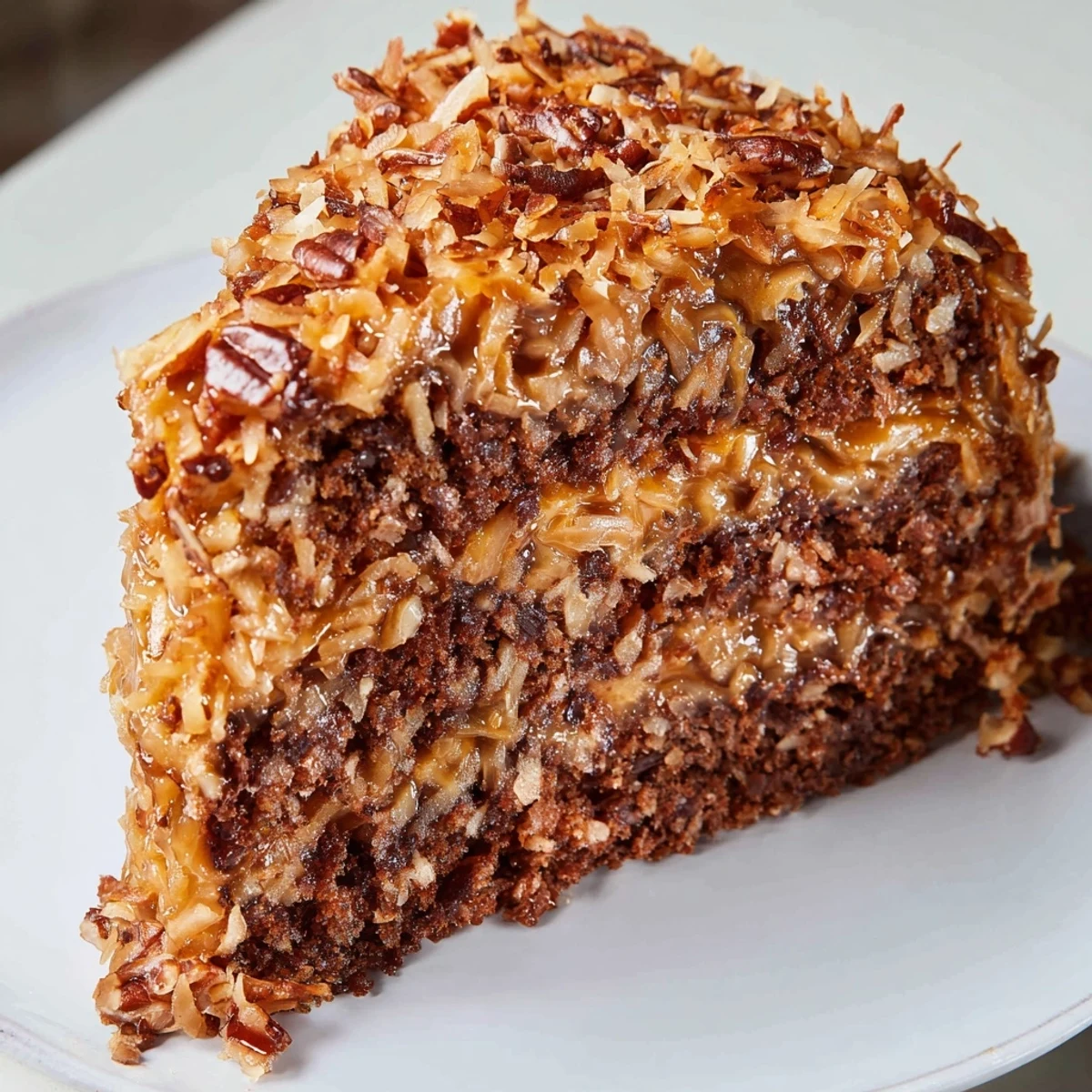 Moist German Chocolate Cake layers frosted with a creamy coconut pecan topping, ready for serving.