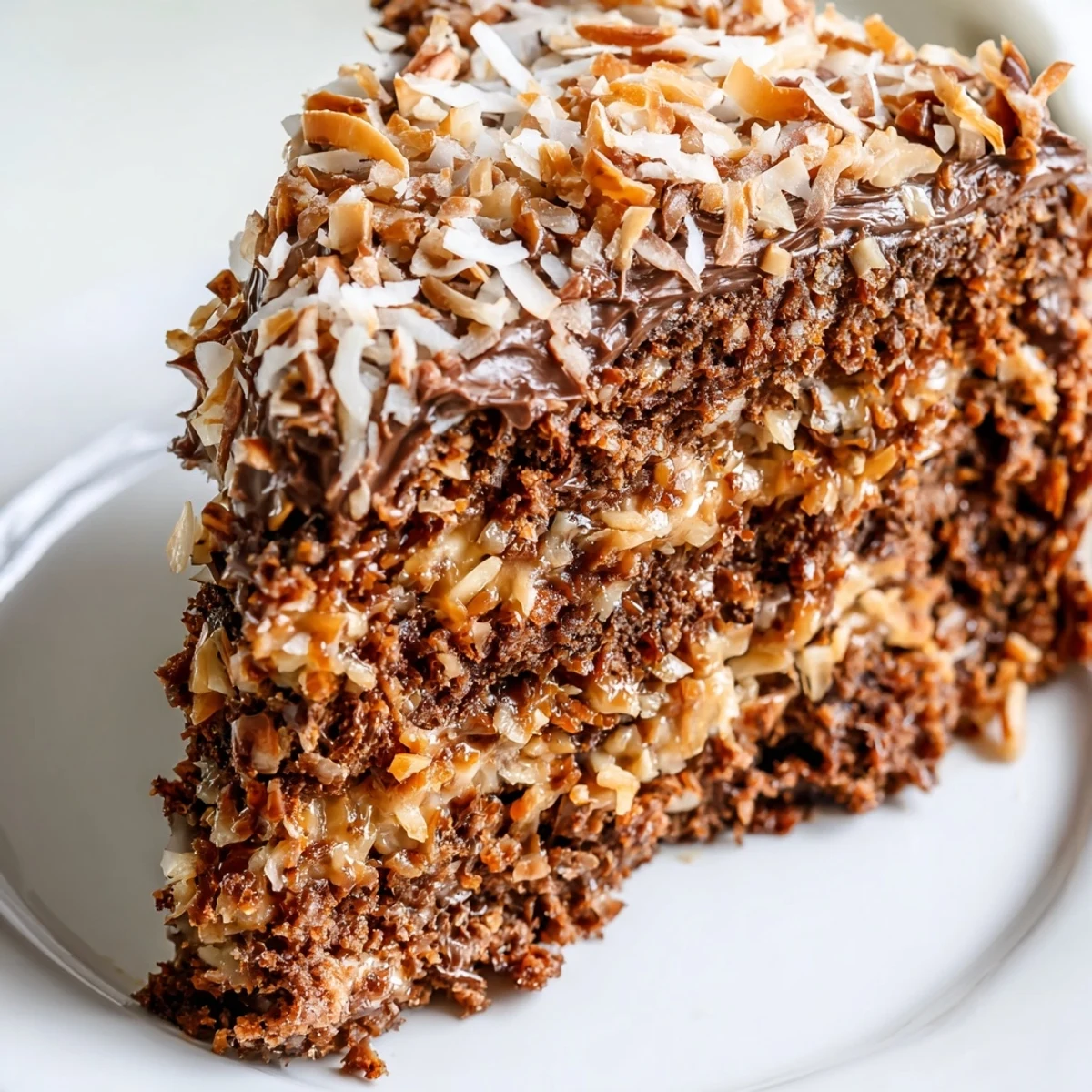 A slice of German Chocolate Cake, featuring rich chocolate cake and a sweet pecan coconut frosting.