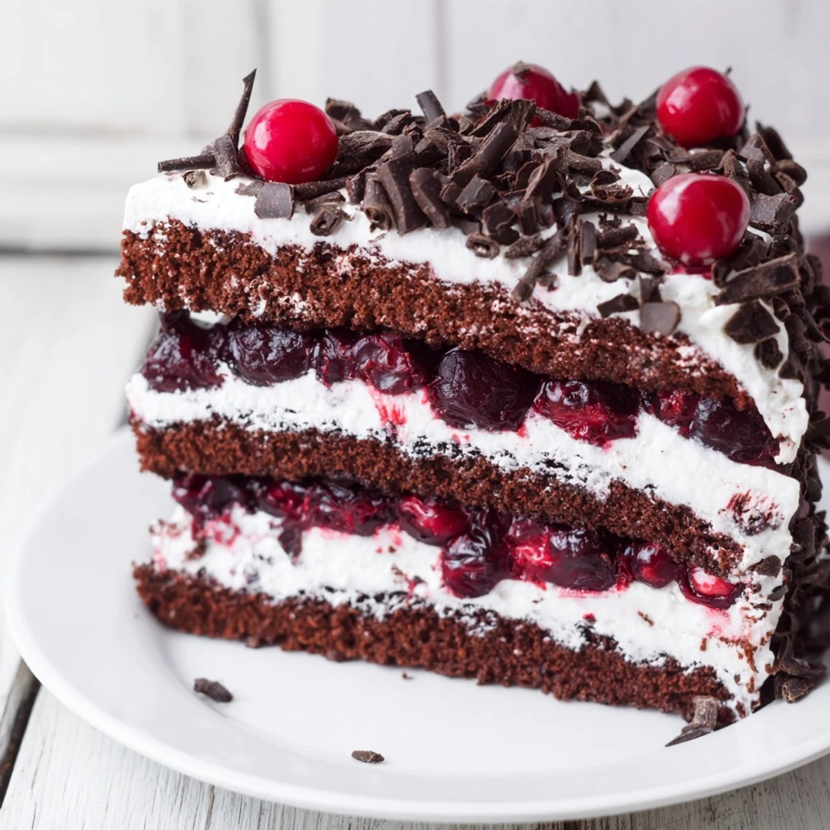 Moist layers of Black Forest Cake shown, topped with whipped cream, cherries, and chocolate shavings.