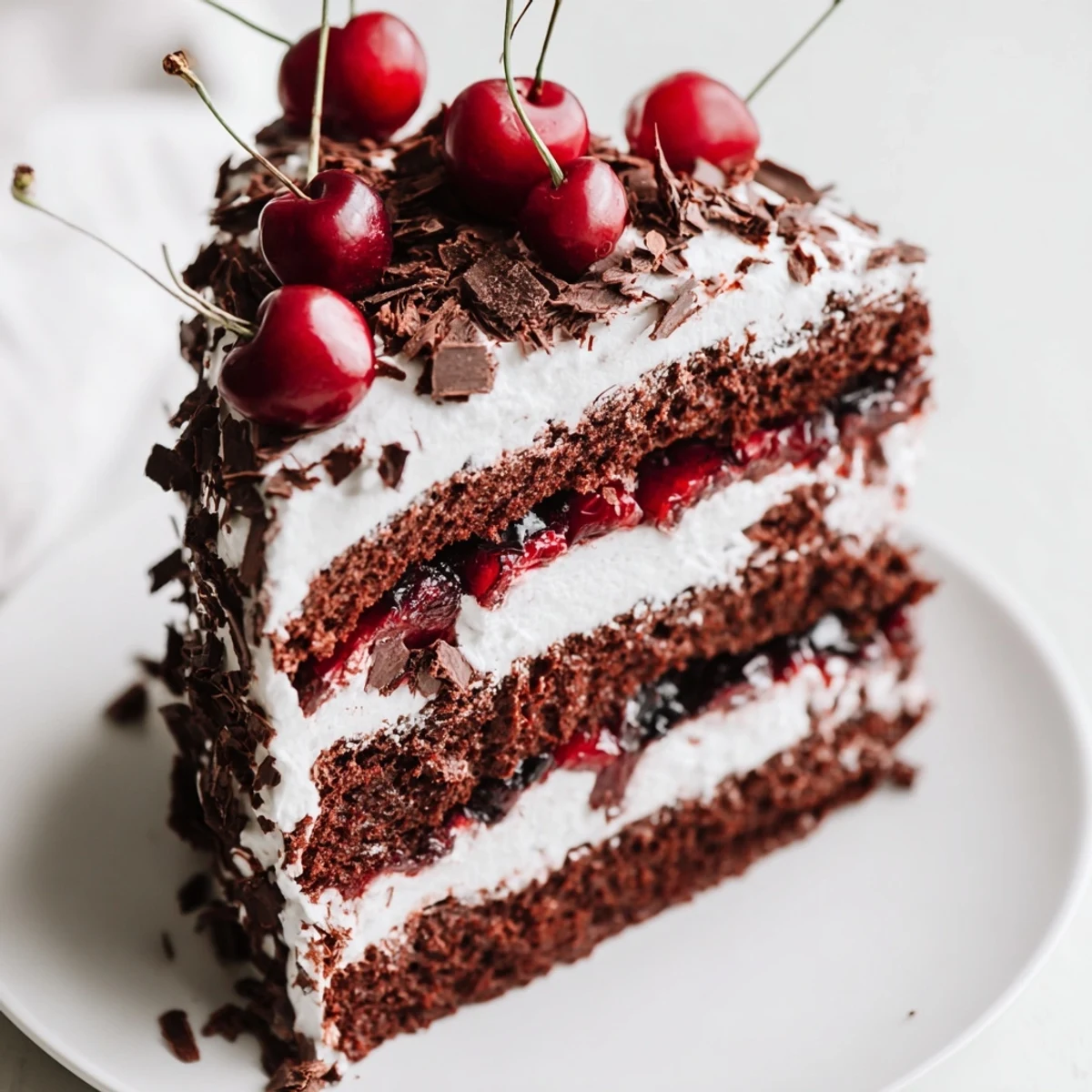 A close-up of a slice of Black Forest Cake features rich chocolate and cherry filling.