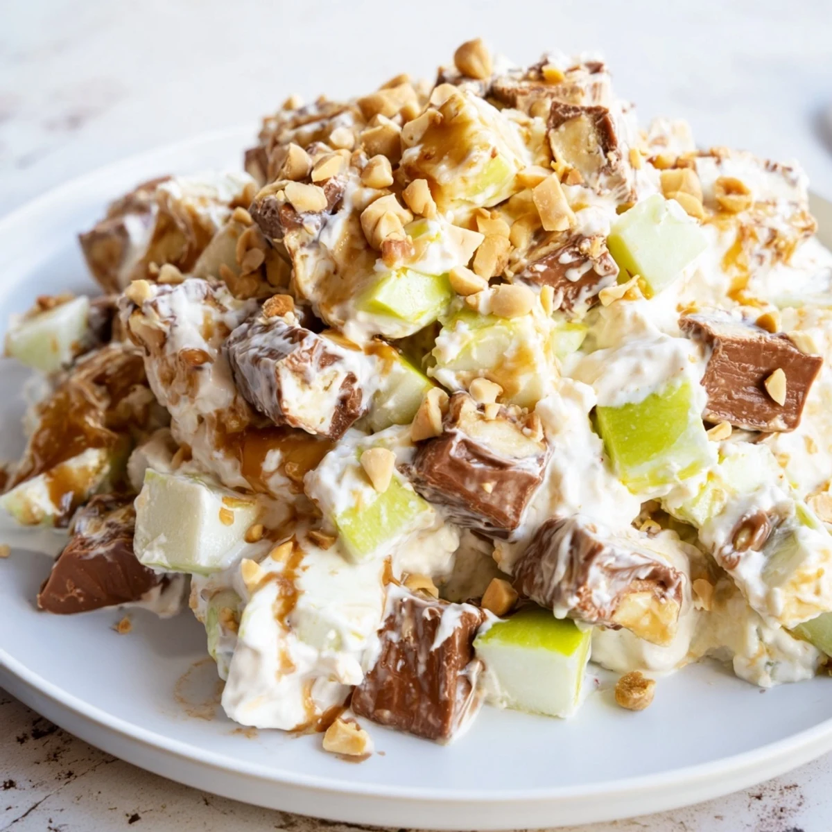 Creamy Snickers Salad, a delightful mix with chopped candy, apples, and fluffy whipped topping.