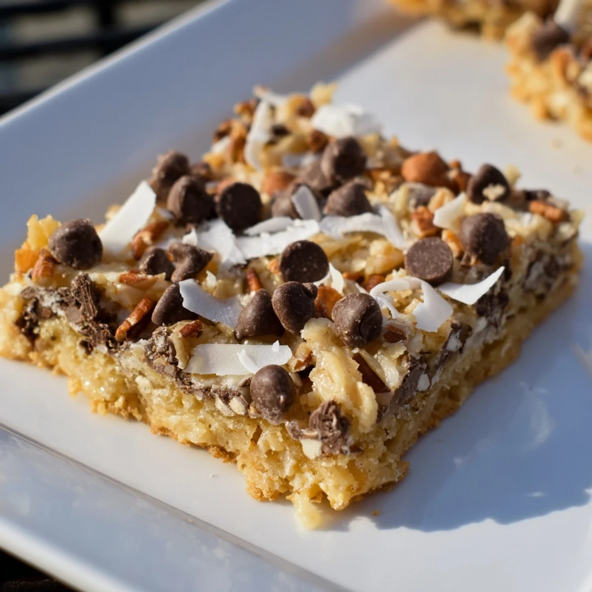 Magic Cookie Bars layered with chocolate chips, coconut, and pecans, a dessert to enjoy!