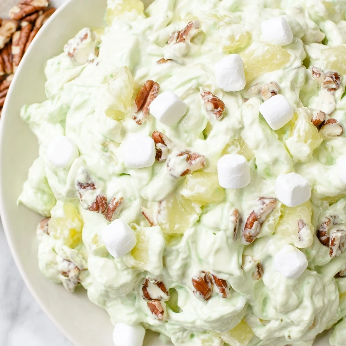 Creamy Watergate Salad, a chilled dessert with green pistachio pudding, marshmallows, and pecans.
