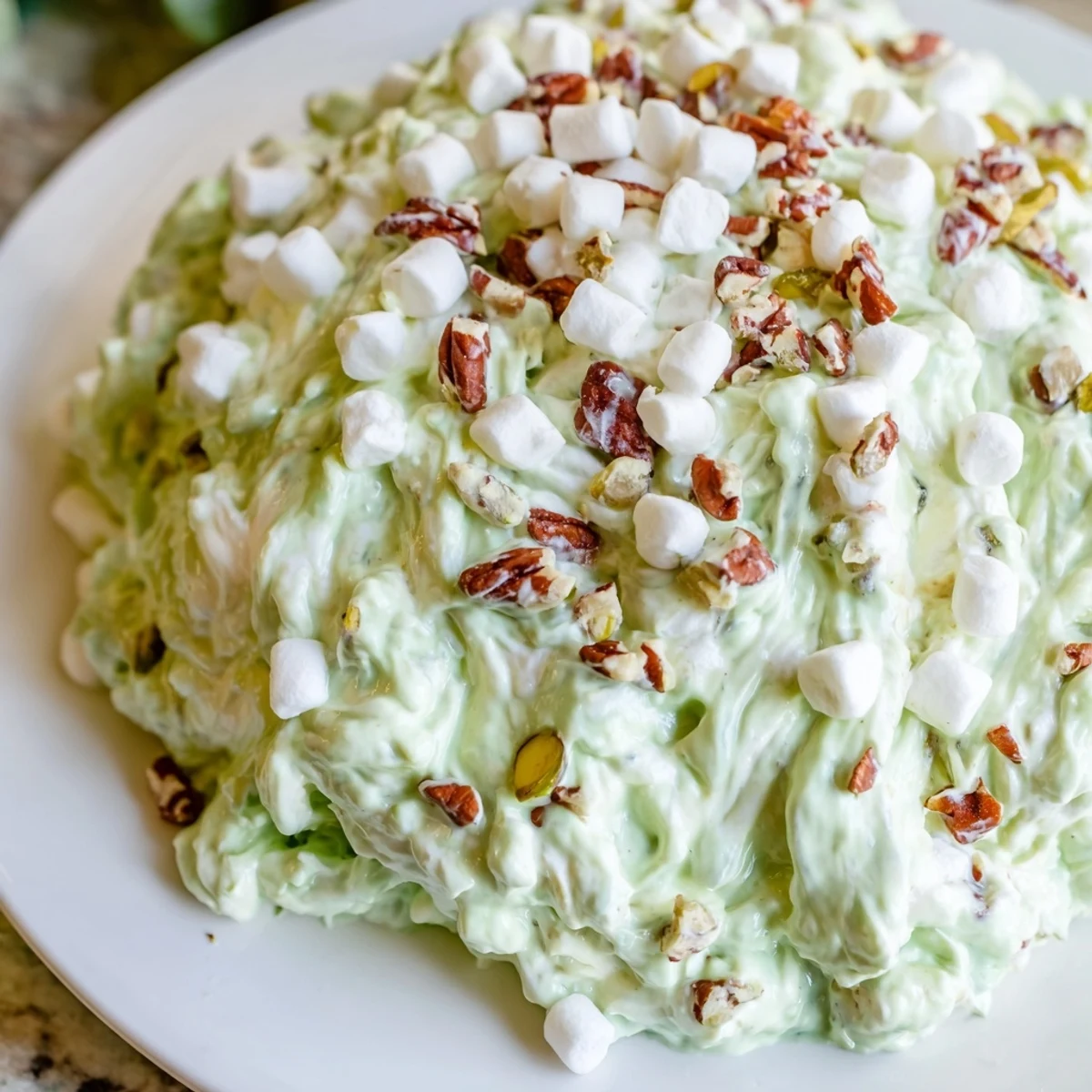 Close-up of Watergate Salad, showing fluffy whipped topping and vibrant green pudding mixture.