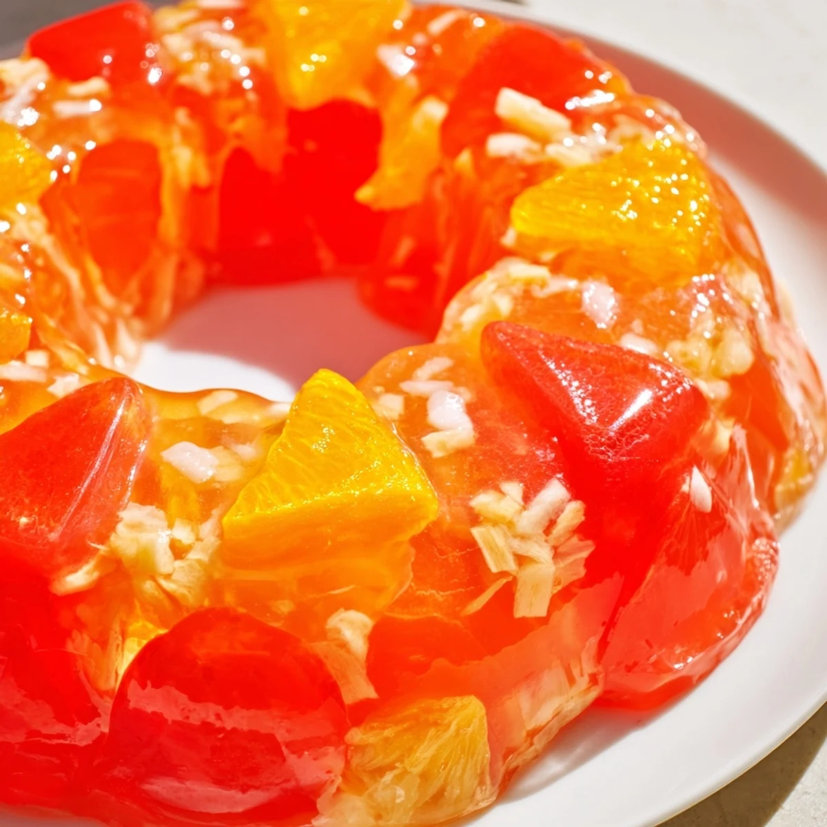 Vibrant Jell-O Salad with bright orange and mandarin pieces, perfect for a vintage dessert and potlucks.