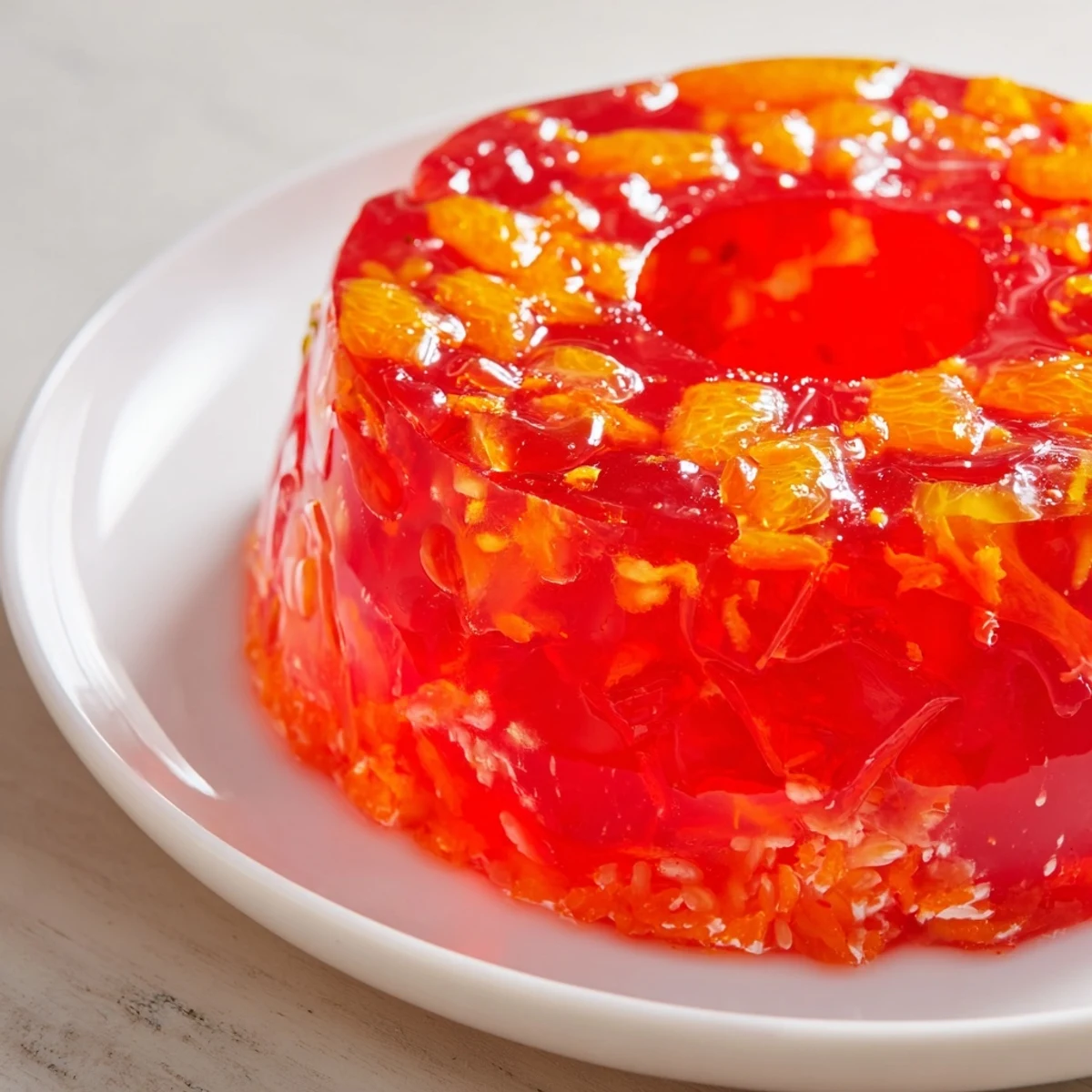 Cool, jiggly Jell-O Salad with creamy cottage cheese and colorful fruit ready to be sliced and served.