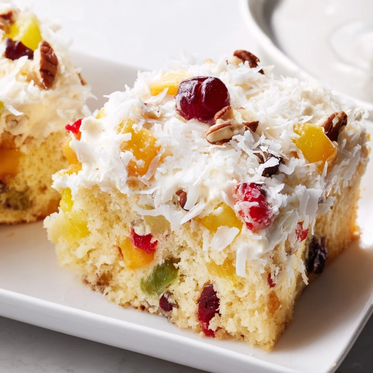 A close-up of a freshly frosted Fruit Cocktail Cake with visible fruit pieces, ready to serve and enjoy.