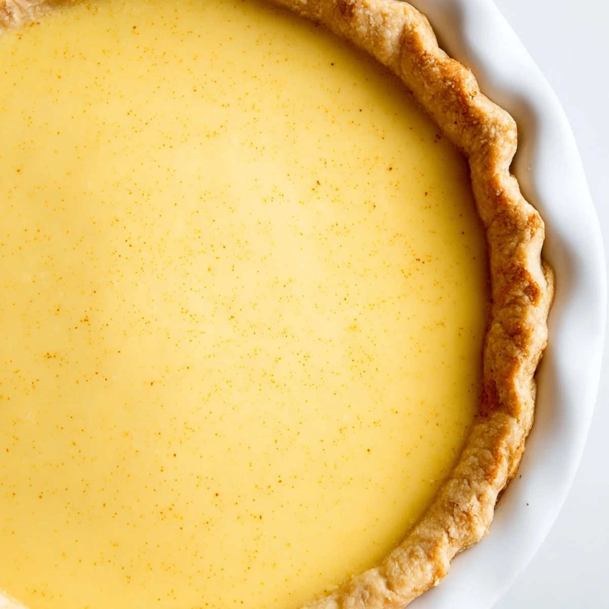Golden-brown buttermilk pie, invitingly sliced, showcasing a creamy, custard filling after baking.