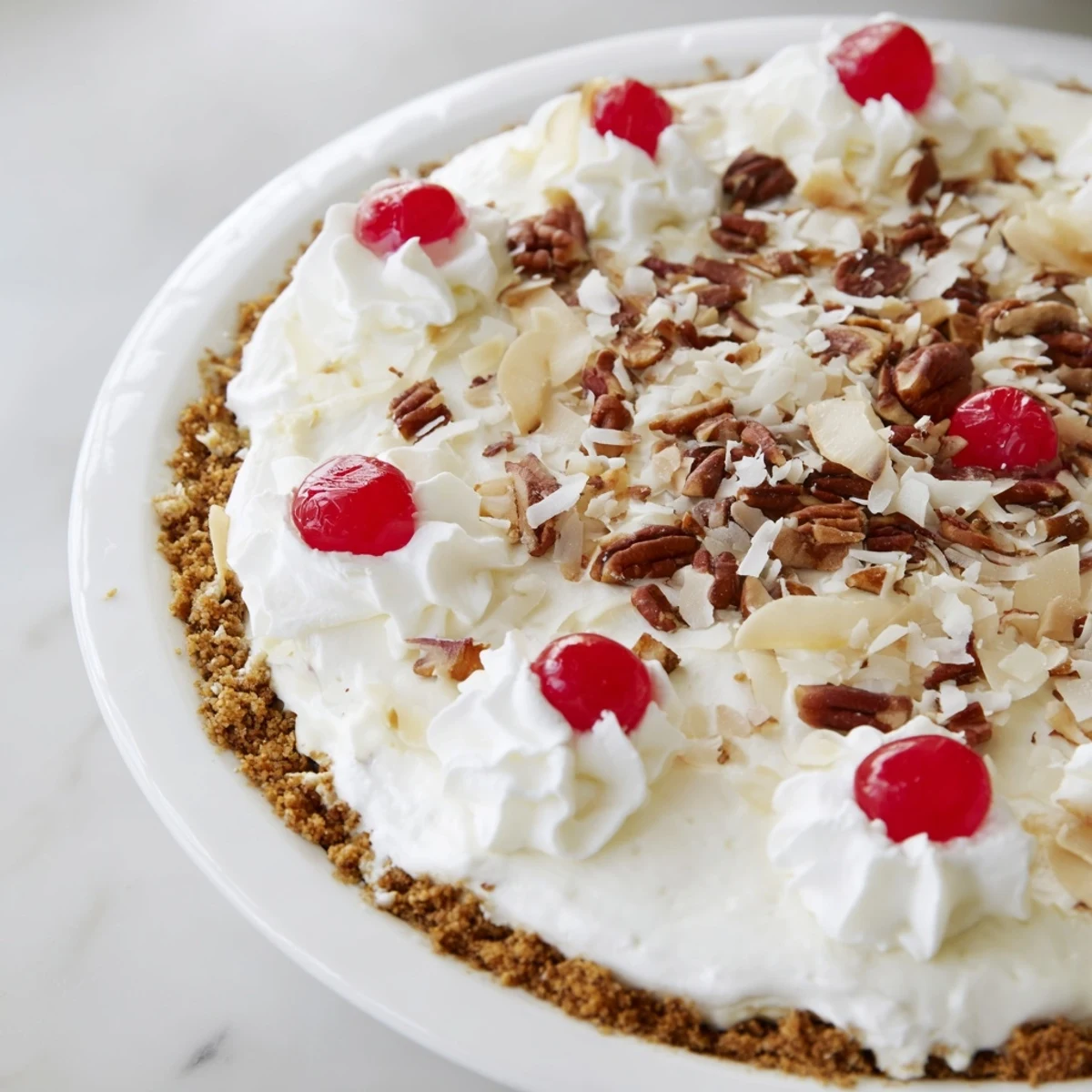 A slice of refreshing Millionaire Pie, creamy with pineapple and cherries, ready to eat.