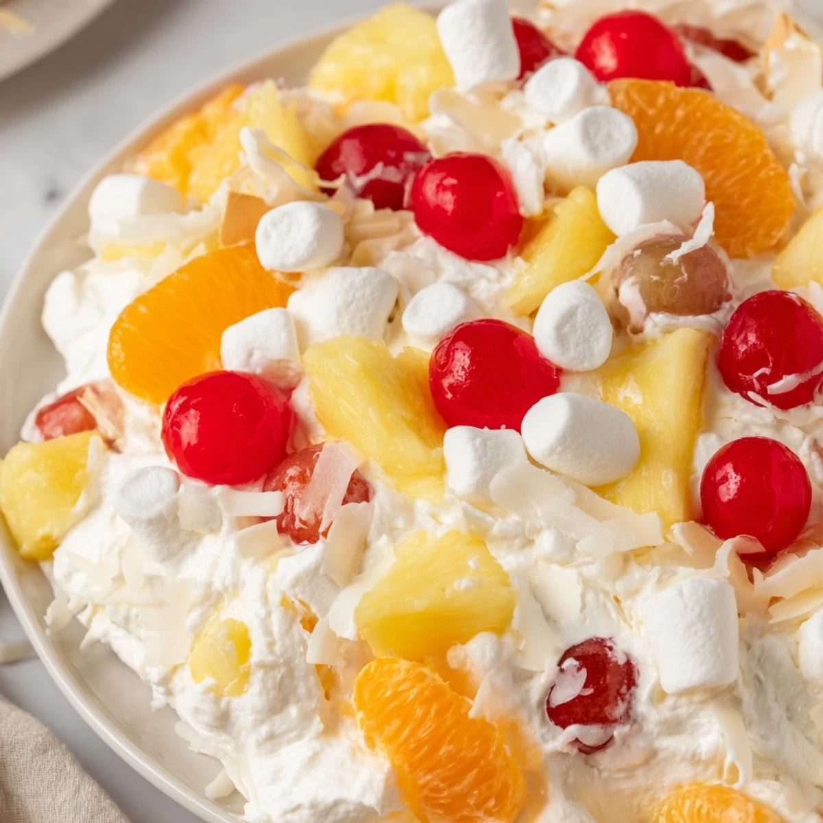 A refreshing bowl of Ambrosia Salad with juicy fruits and sweet, fluffy marshmallows.
