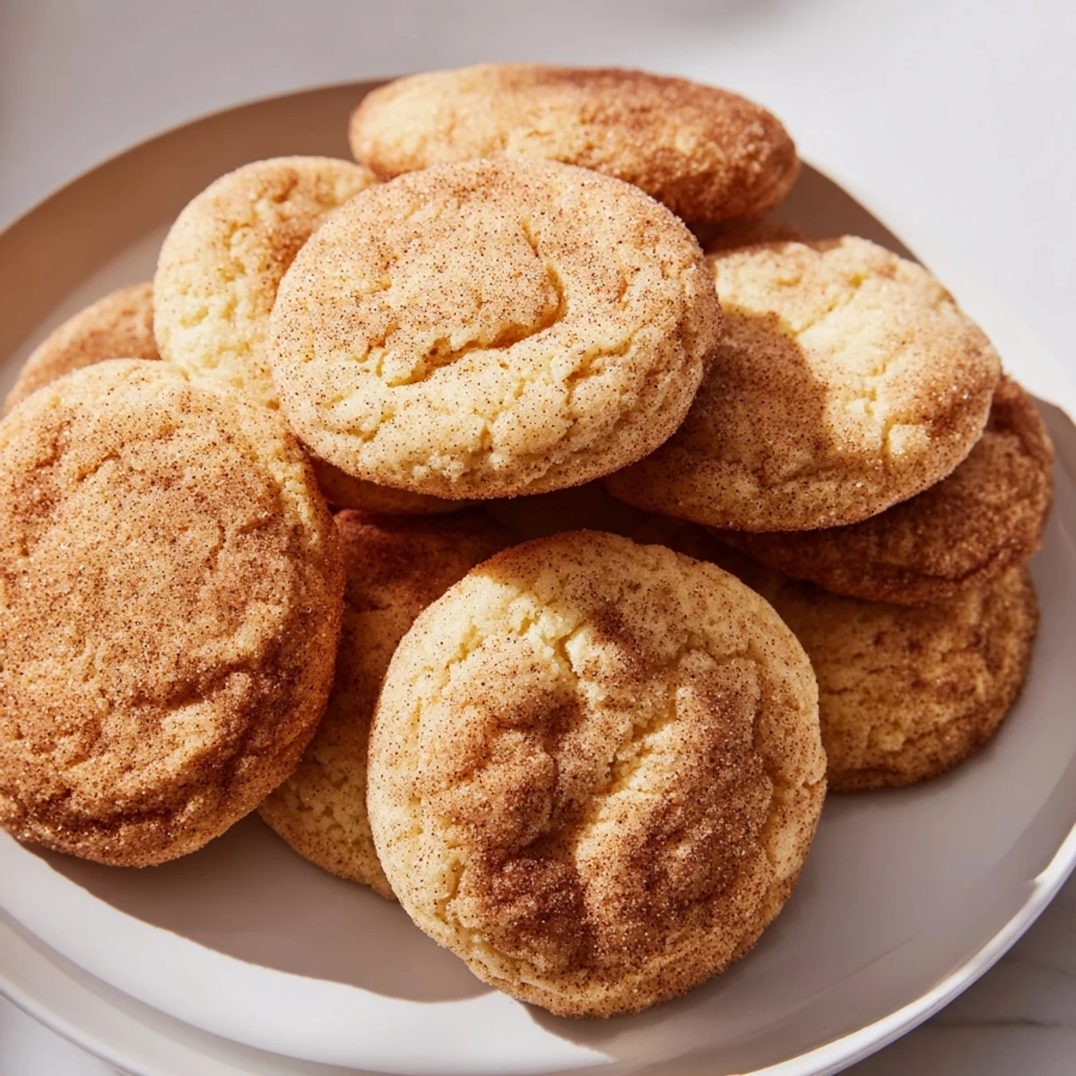 Warm, golden Snickerdoodles with a cinnamon-sugar crust, fresh from the oven, ready to enjoy.