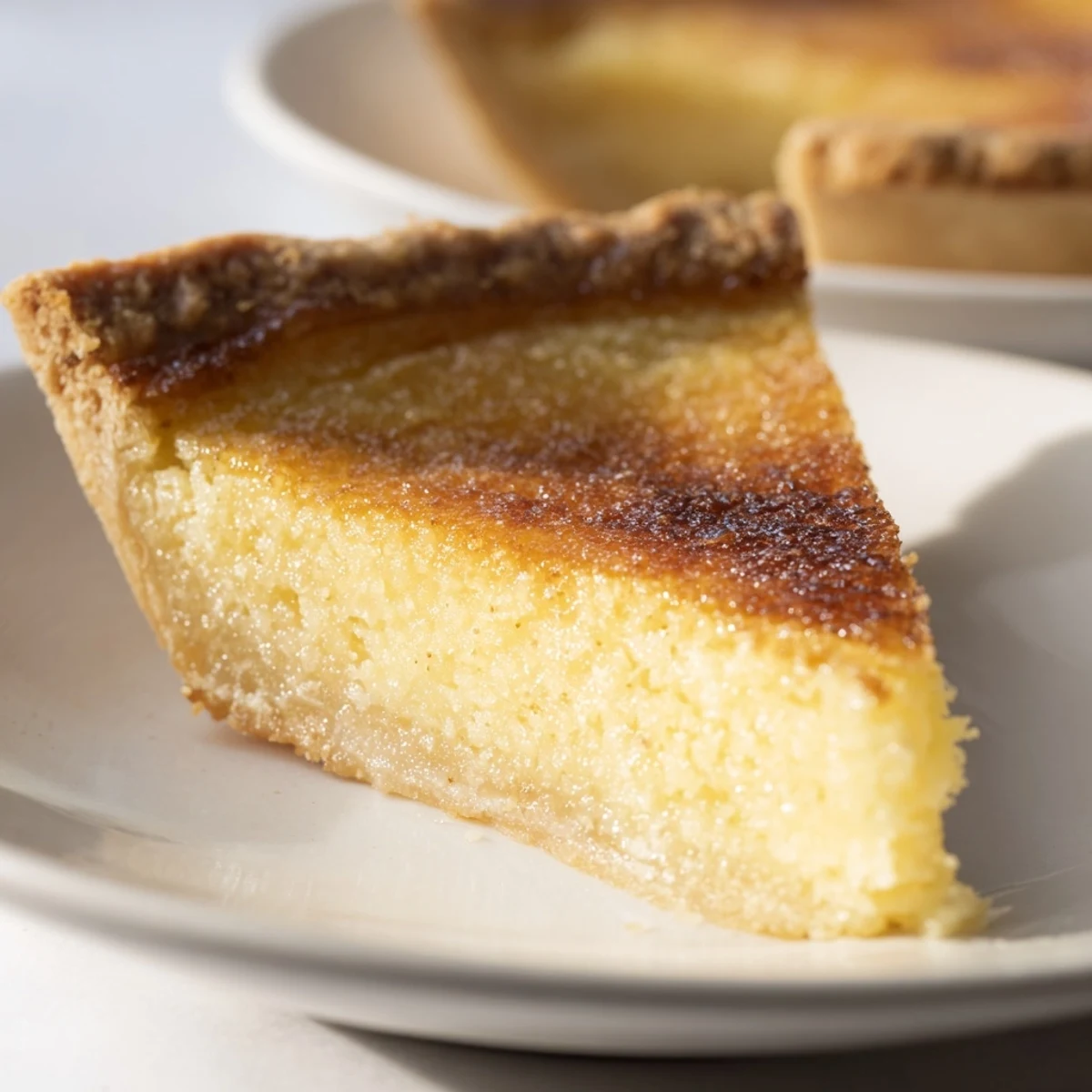 Golden, bubbly Chess Pie slice, a classic Southern dessert ready to serve.