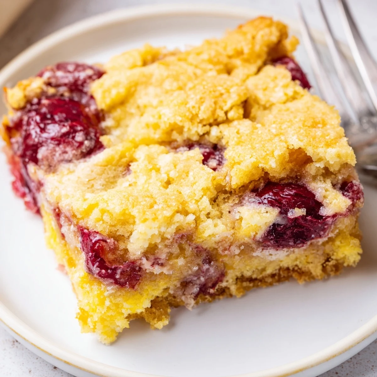 Golden, bubbly dump cake, a simple dessert with layers of fruit and buttery cake, ready to serve warm.
