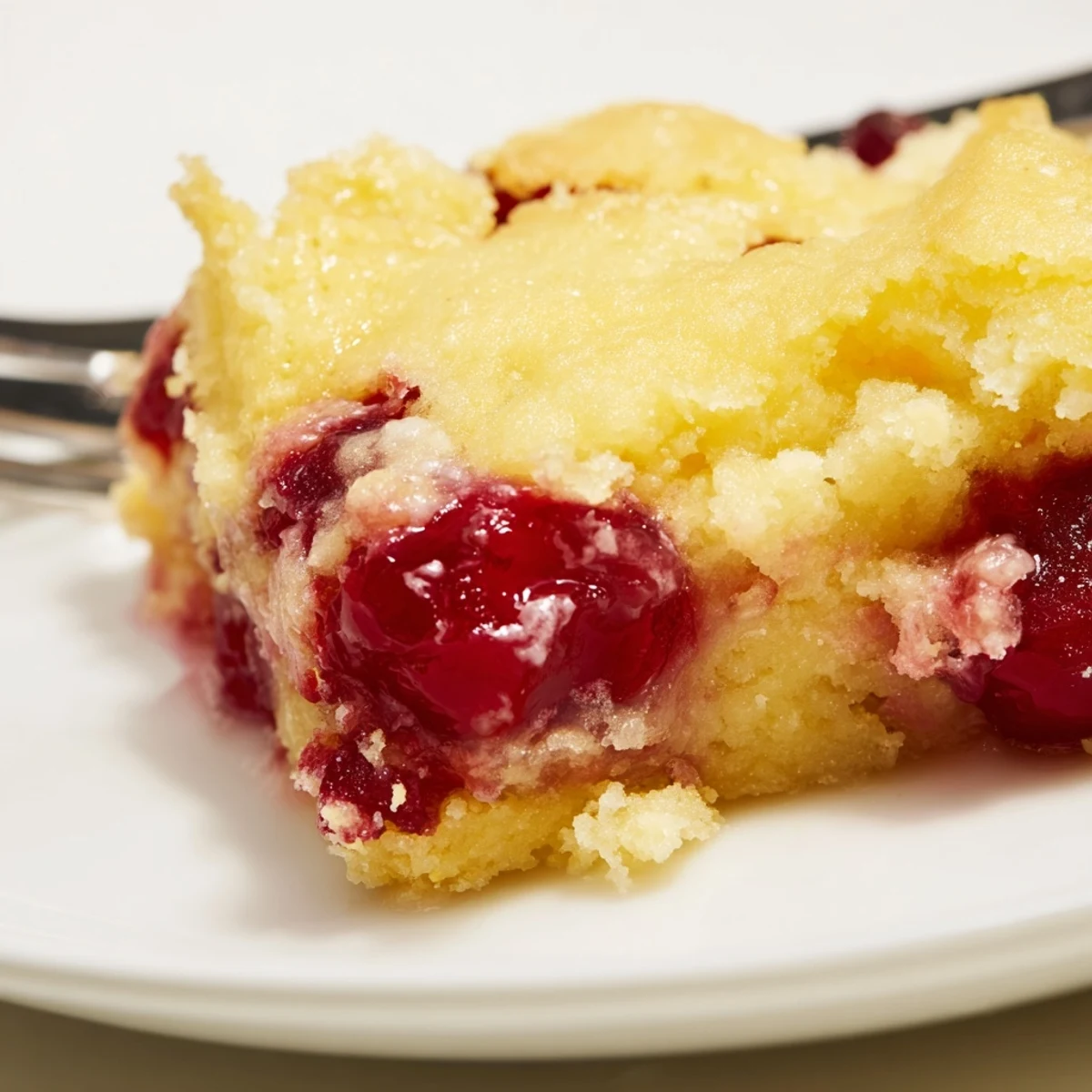 A close-up of a warm, fruity dump cake bubbling around the edges, perfect for a cozy dessert.