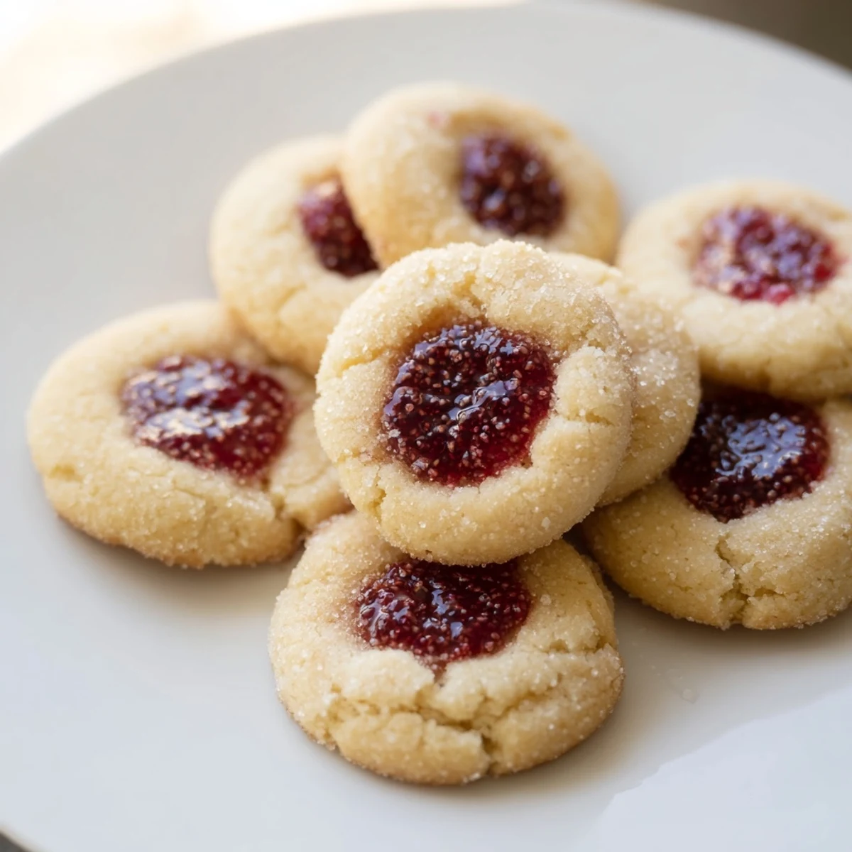 Freshly baked thumbprint cookies, showing sweet jam centers glistening on a golden crumb.