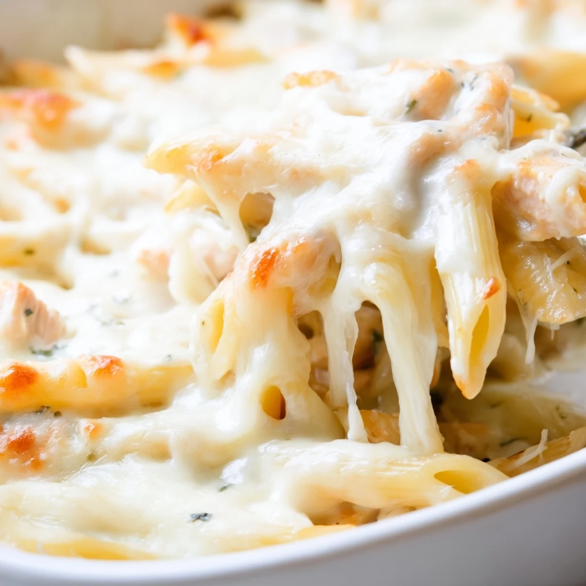 Golden-brown Chicken Ranch Pasta Bake fresh from the oven, featuring bubbly mozzarella and creamy ranch sauce over penne pasta.