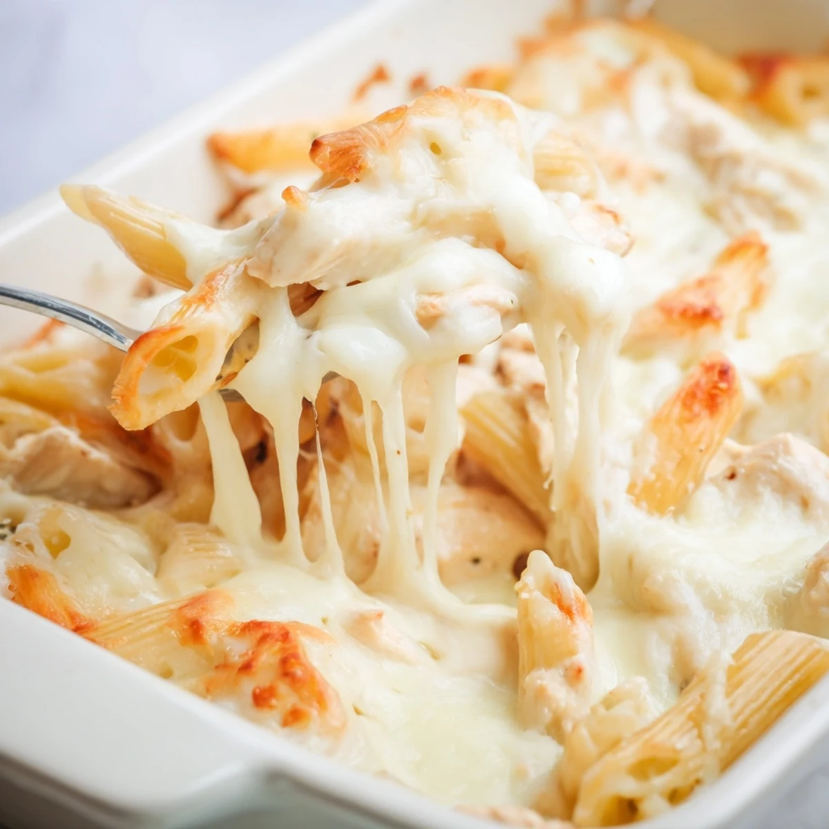 Comforting Chicken Ranch Pasta Bake casserole with tender chicken and golden, bubbly cheese topping, ideal for a family dinner.