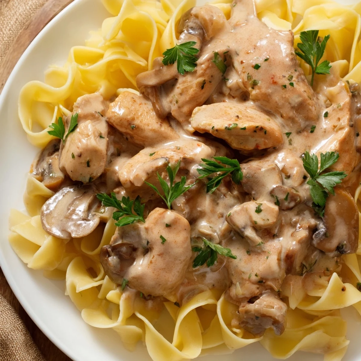 Tender chicken strips and creamy mushrooms in a rich paprika sauce, served over buttery egg noodles in this Chicken and Mushroom Stroganoff.