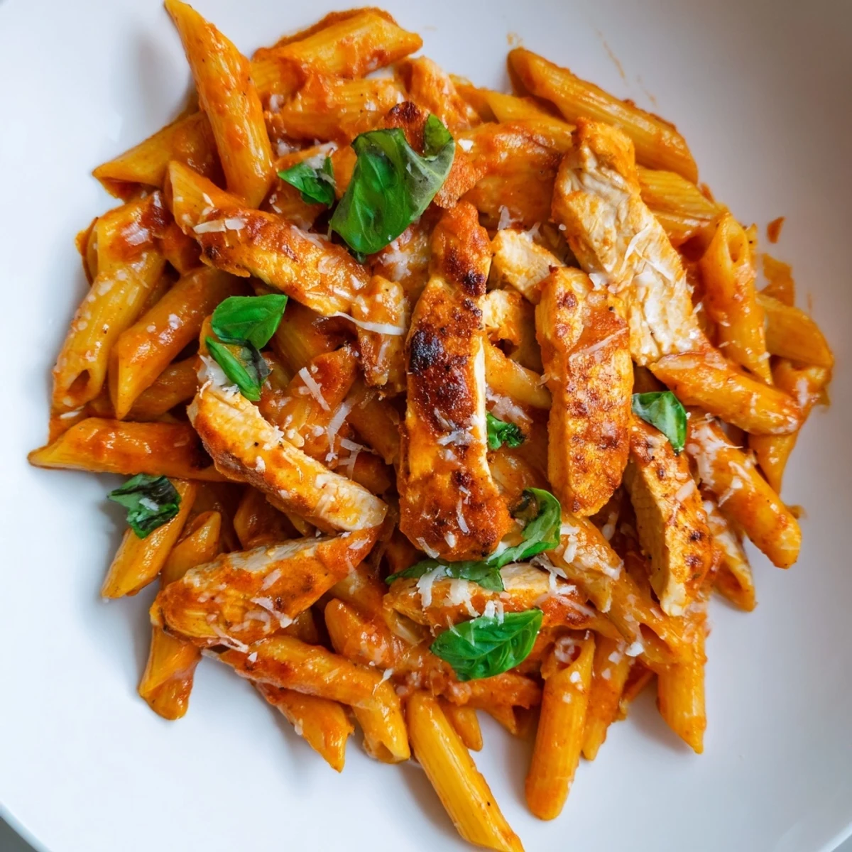 Spicy Tomato Chicken Pasta in a white bowl, steaming with al dente penne coated in a glossy red chili-tomato sauce and topped with sliced seared chicken.  