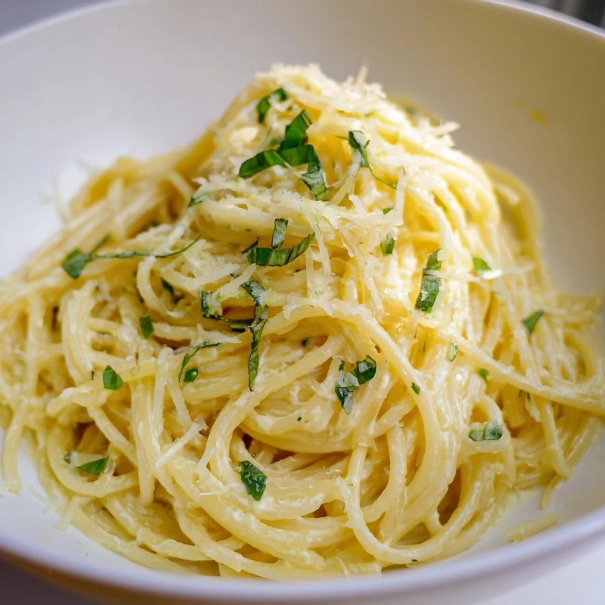 Steaming Lemon Ricotta Pasta twirled on a fork with creamy ricotta sauce and fresh basil garnish.
