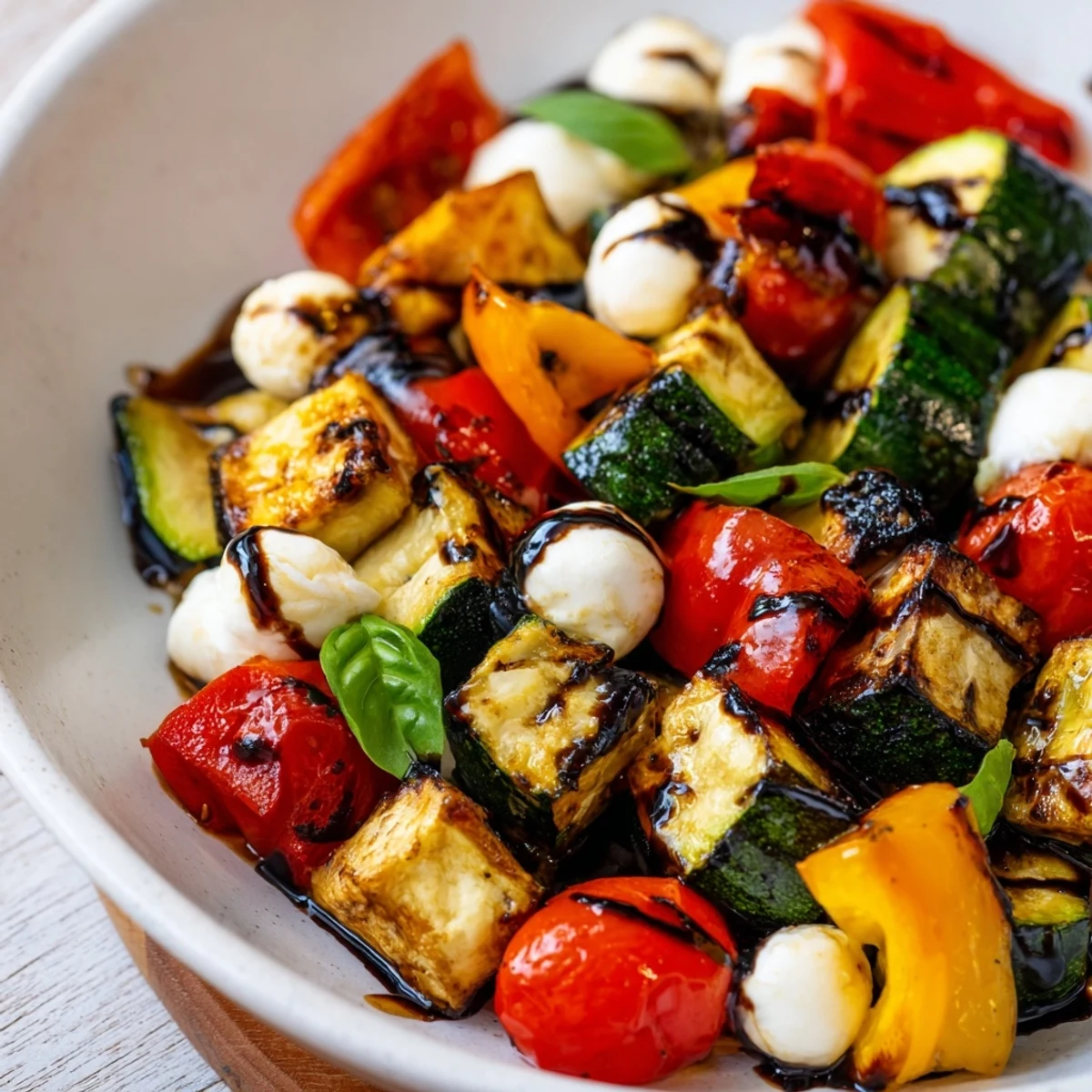 Roasted Veggie Caprese Salad features caramelized zucchini, peppers, and tomatoes topped with mozzarella pearls and fresh basil.