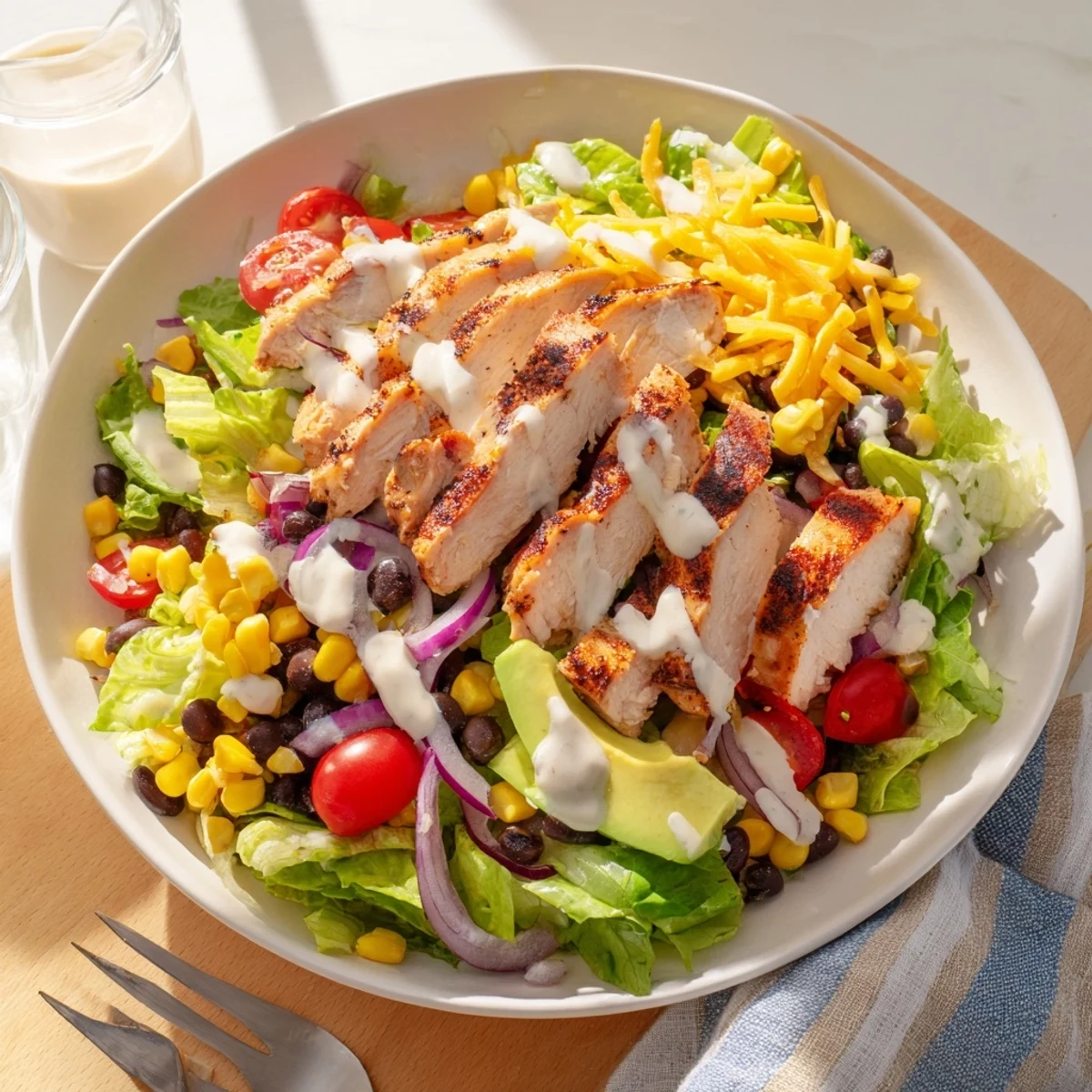 Smoky BBQ chicken slices rest on crisp romaine, beside grilled corn, black beans, and a creamy ranch drizzle, ready to serve.  