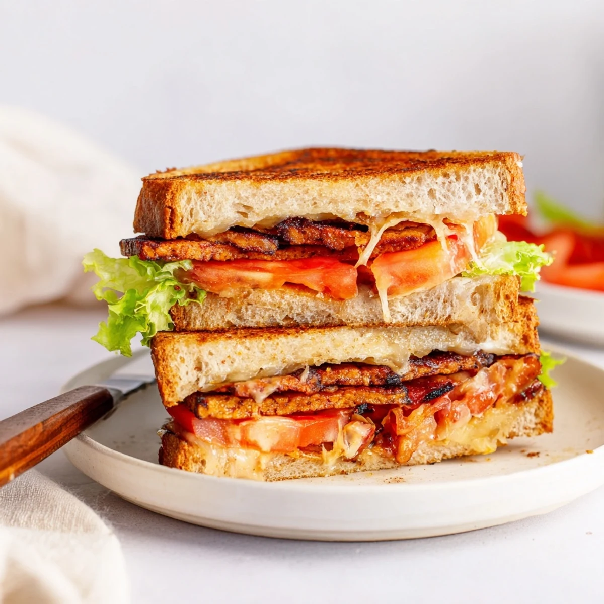 Golden-brown sourdough grilled cheese filled with smoky tempeh bacon, fresh lettuce, tomato slices, and melted vegan cheese.