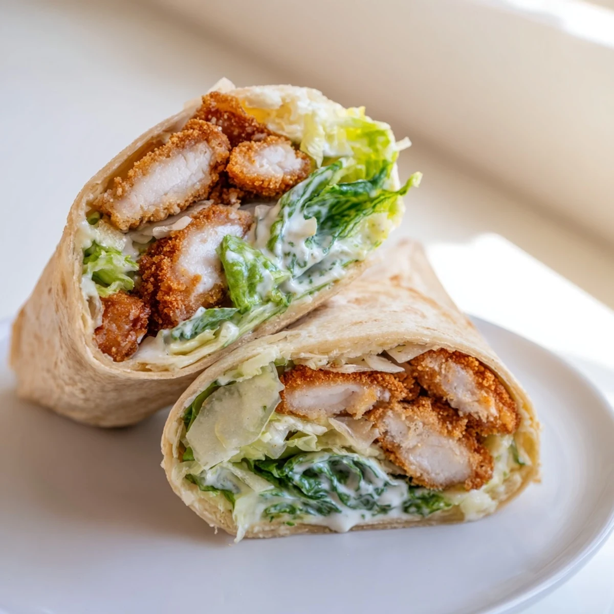 Golden crispy chicken strips nestled in a soft flour tortilla with fresh romaine and Parmesan cheese in this Crispy Chicken Caesar Wrap.  