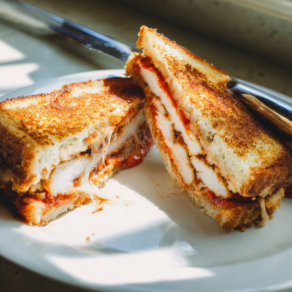 Golden, crispy chicken parmesan layered with melted mozzarella and zesty marinara inside buttery garlic-grilled bread.  