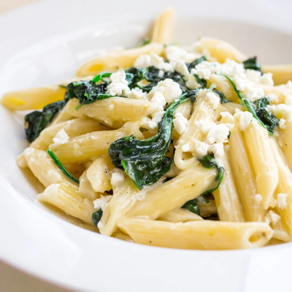 Creamy Feta Spinach Pasta in a skillet, featuring wilted greens and crumbled feta in a glossy, rich sauce.