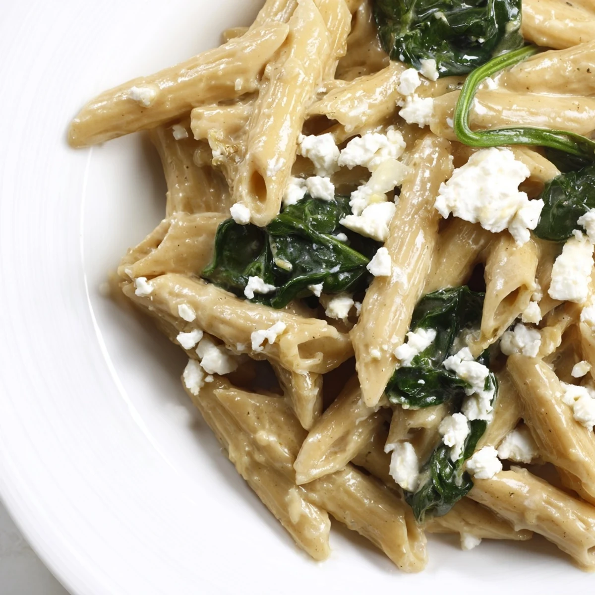 Close-up of Creamy Feta Spinach Pasta, with fresh basil and lemon zest garnish on a rustic wooden table.