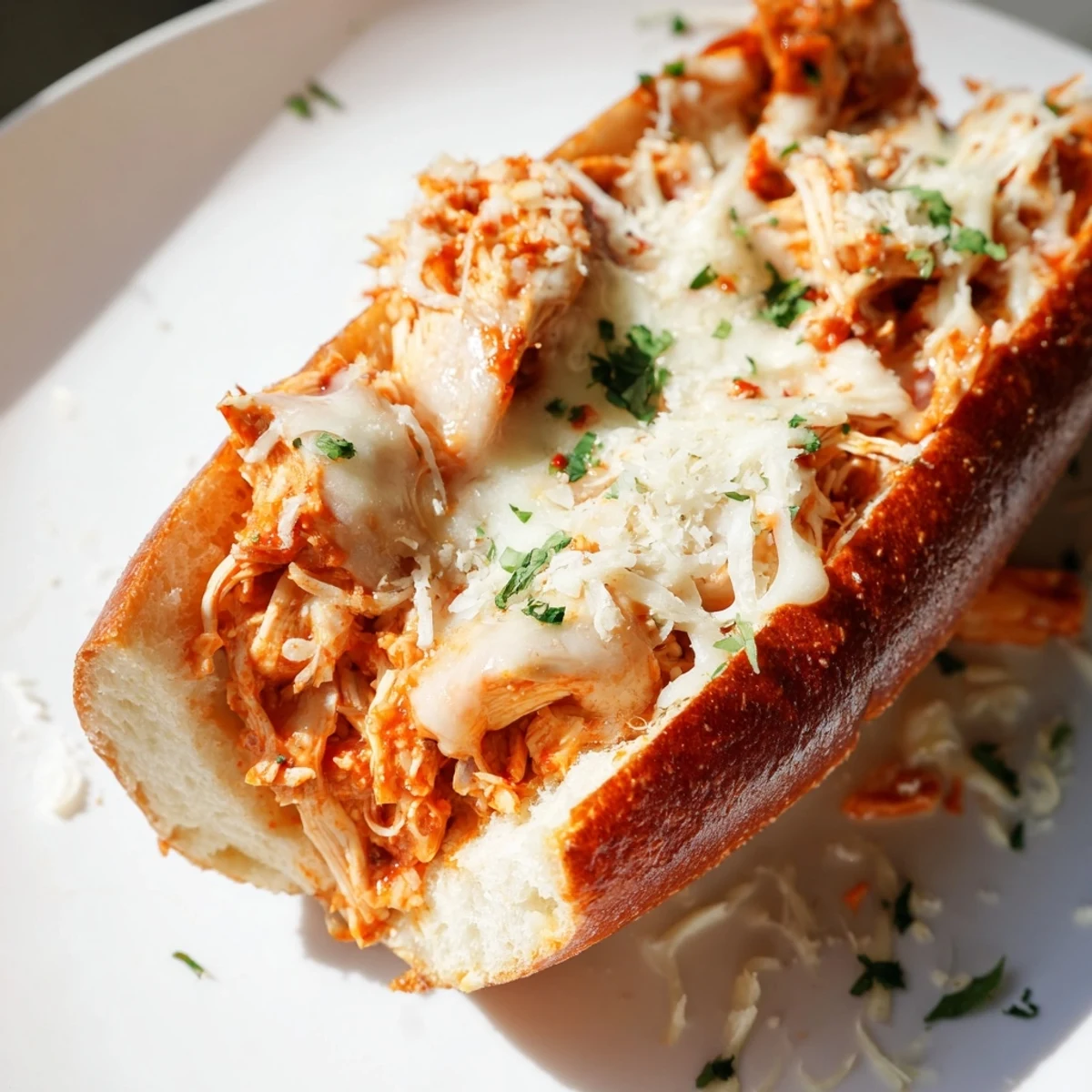 Golden Garlic Bread Boats filled with Chicken Parm and marinara, topped with melted mozzarella for a hearty Italian-American meal.
