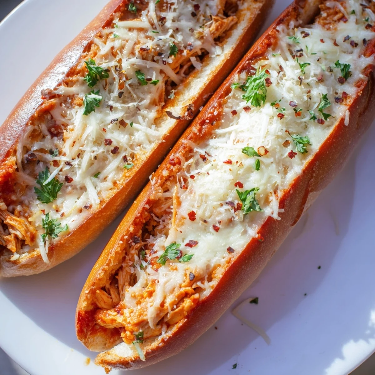 Sizzling Chicken Parm Stuffed Garlic Bread with bubbly cheese, served hot from the oven and sliced for family-style sharing.