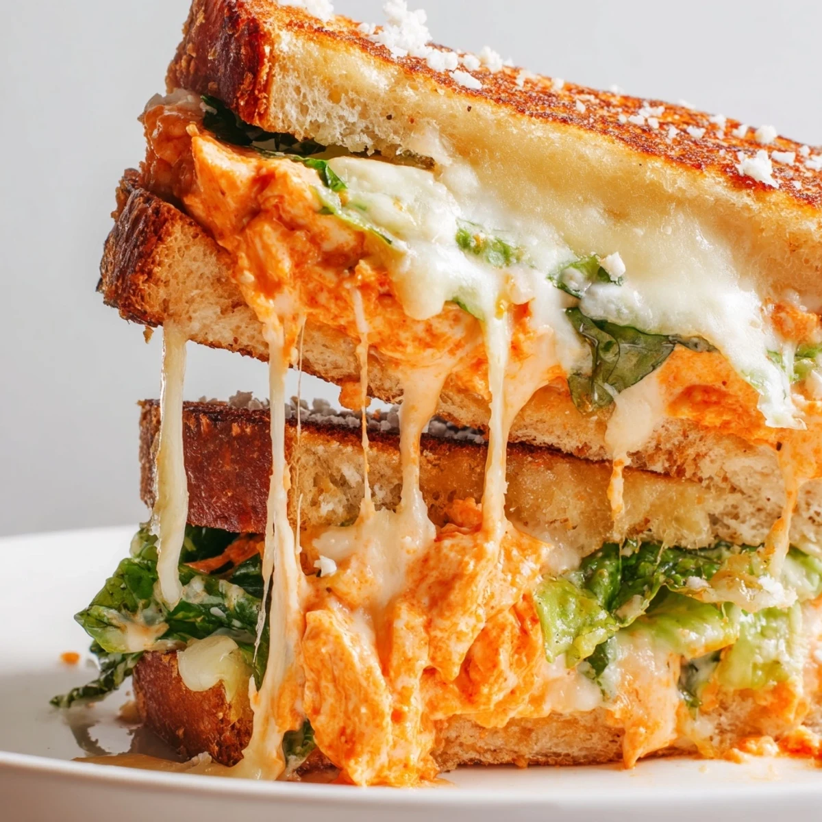 Golden grilled Buffalo Chicken Caesar Grilled Cheese sandwich stuffed with shredded buffalo chicken, creamy Caesar dressing, melted provolone, and crisp romaine.  