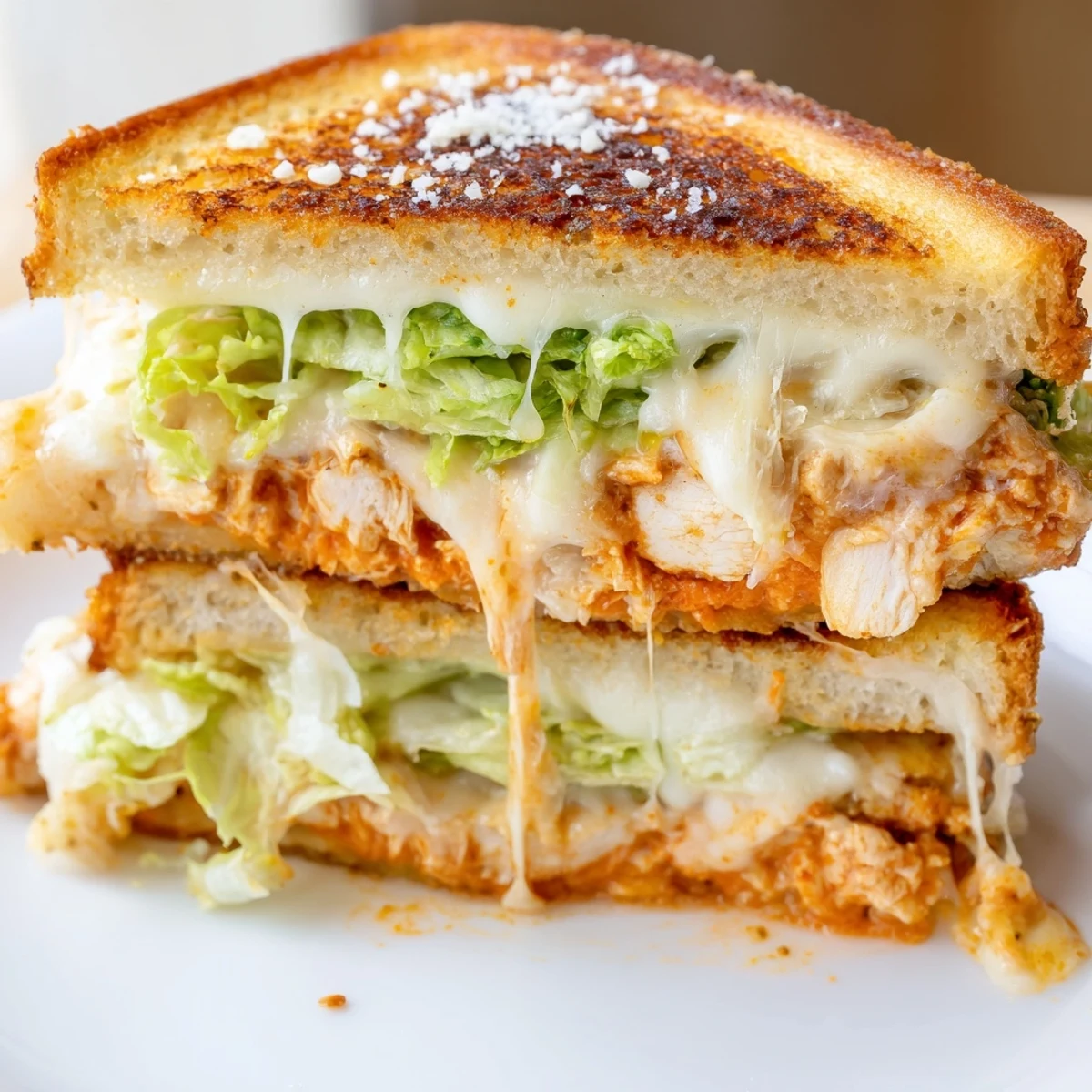 Buffalo Chicken Caesar Grilled Cheese slice on a rustic board, with melted cheese stretch, fresh romaine, and a drizzle of extra buffalo sauce.