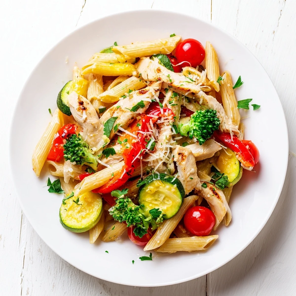 Penne pasta with juicy, garlic-herb roasted chicken, red bell peppers, zucchini, and cherry tomatoes in a skillet, ready to serve.