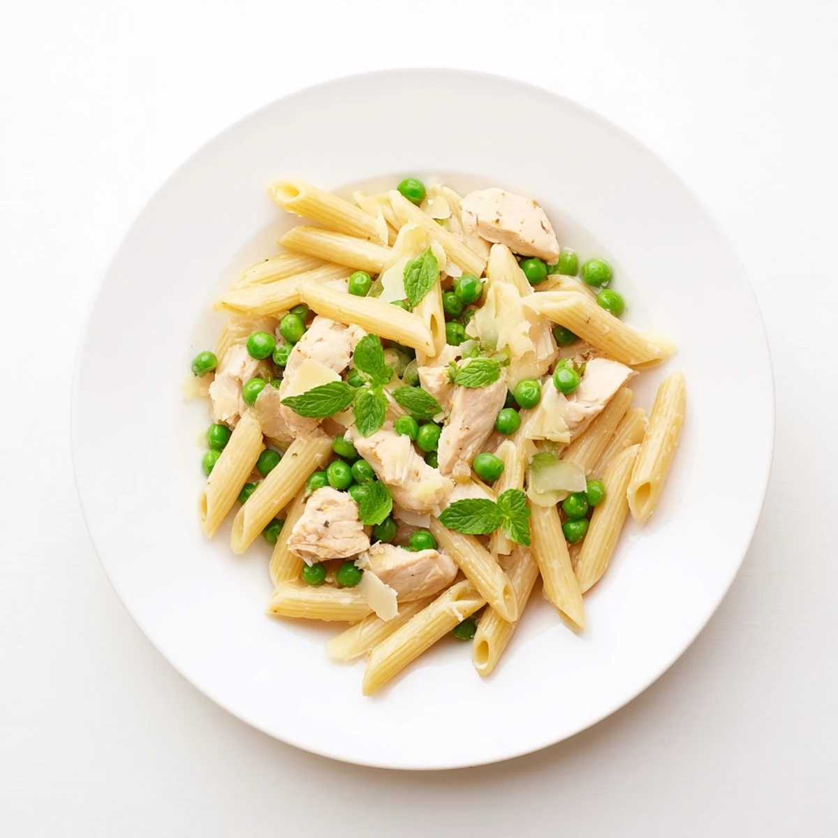Creamy penne pasta tossed with tender chicken, sweet peas, and fresh mint in a bright lemon sauce.