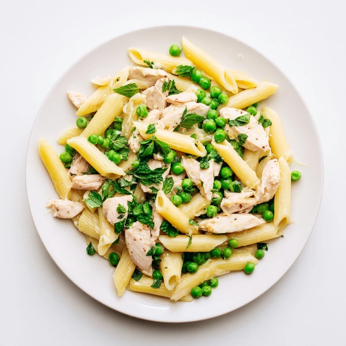 Fork twirling a bite of Pea & Mint Chicken Pasta, highlighting vibrant peas and sautéed chicken strips.