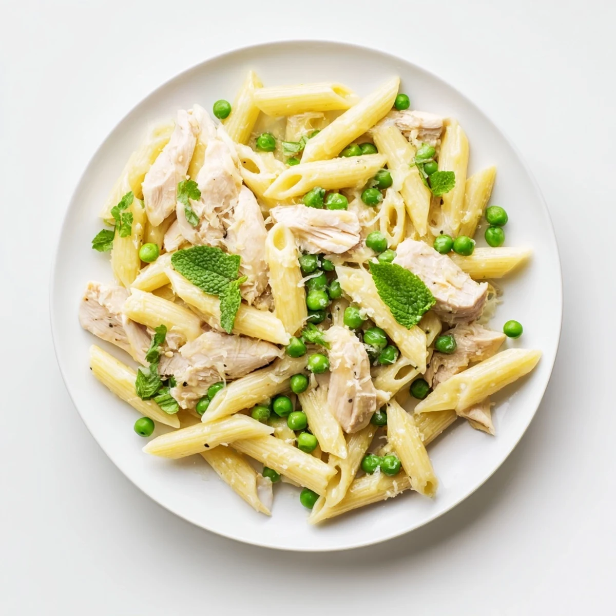 Steaming Pea & Mint Chicken Pasta served in a white bowl, garnished with extra Parmesan and herbs.