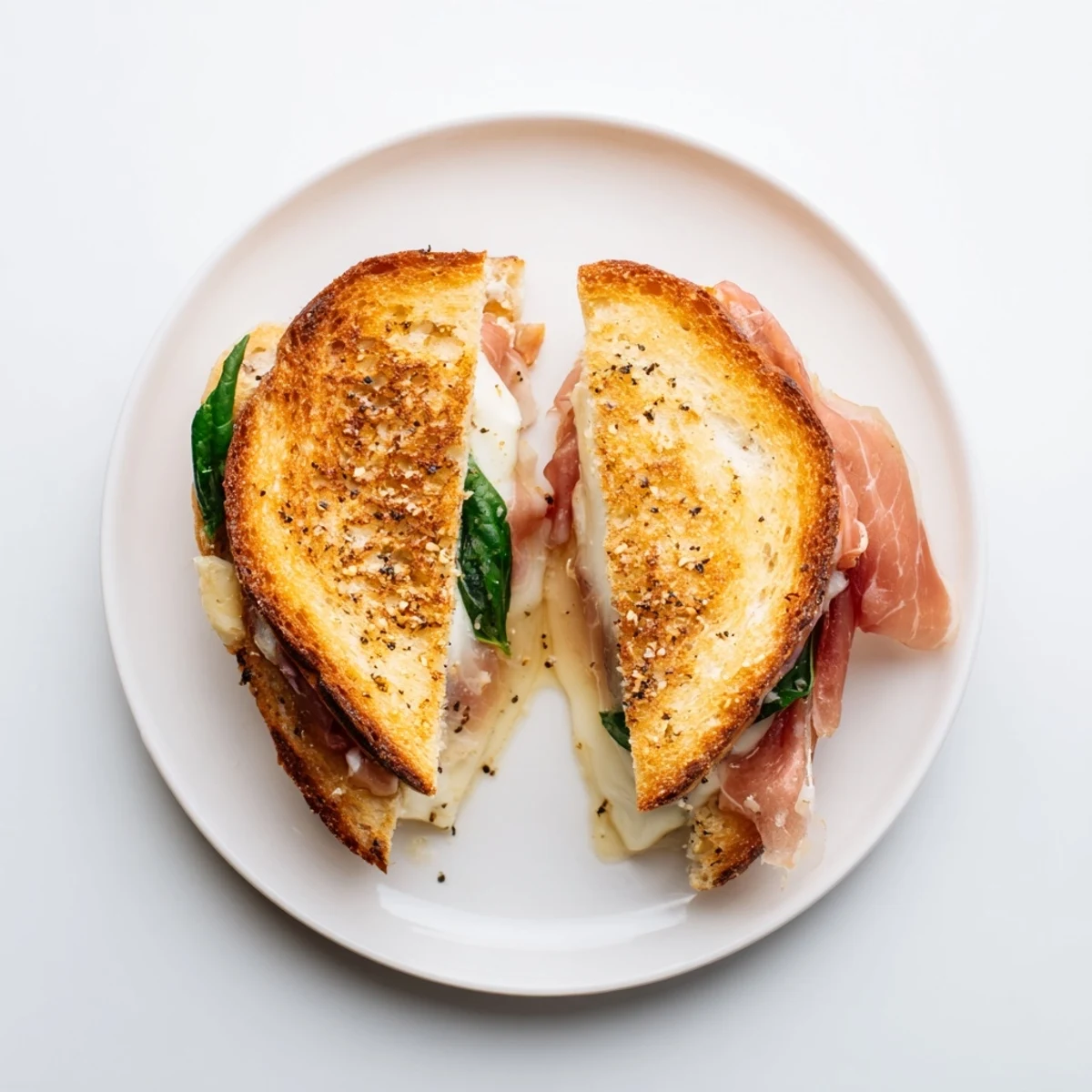 A close-up of a melted burrata and crisp prosciutto grilled cheese, sliced to show the gooey Italian cheese inside.  