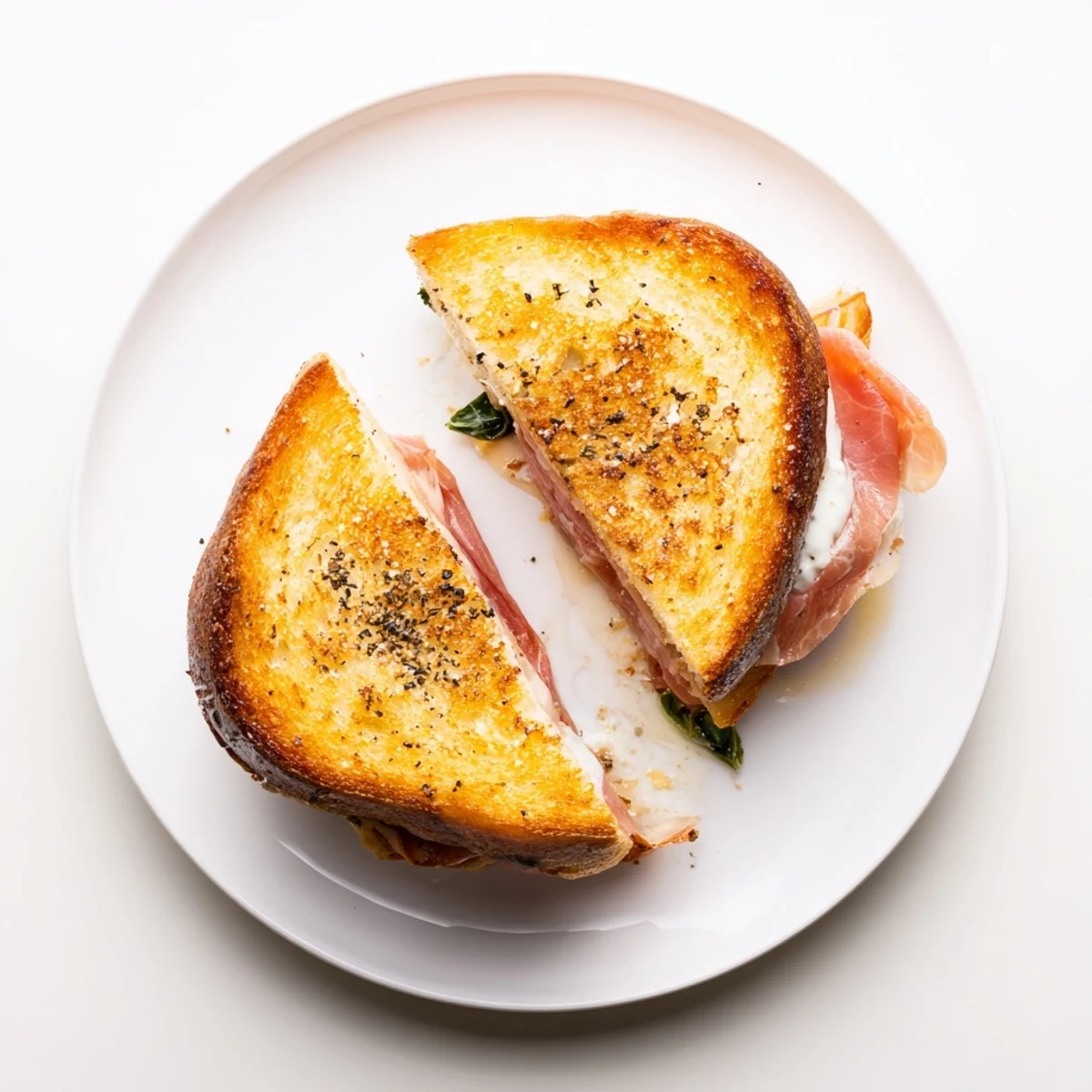 Buttery grilled cheese sandwich with prosciutto and burrata, served warm on a wooden board for an Italian-American lunch.