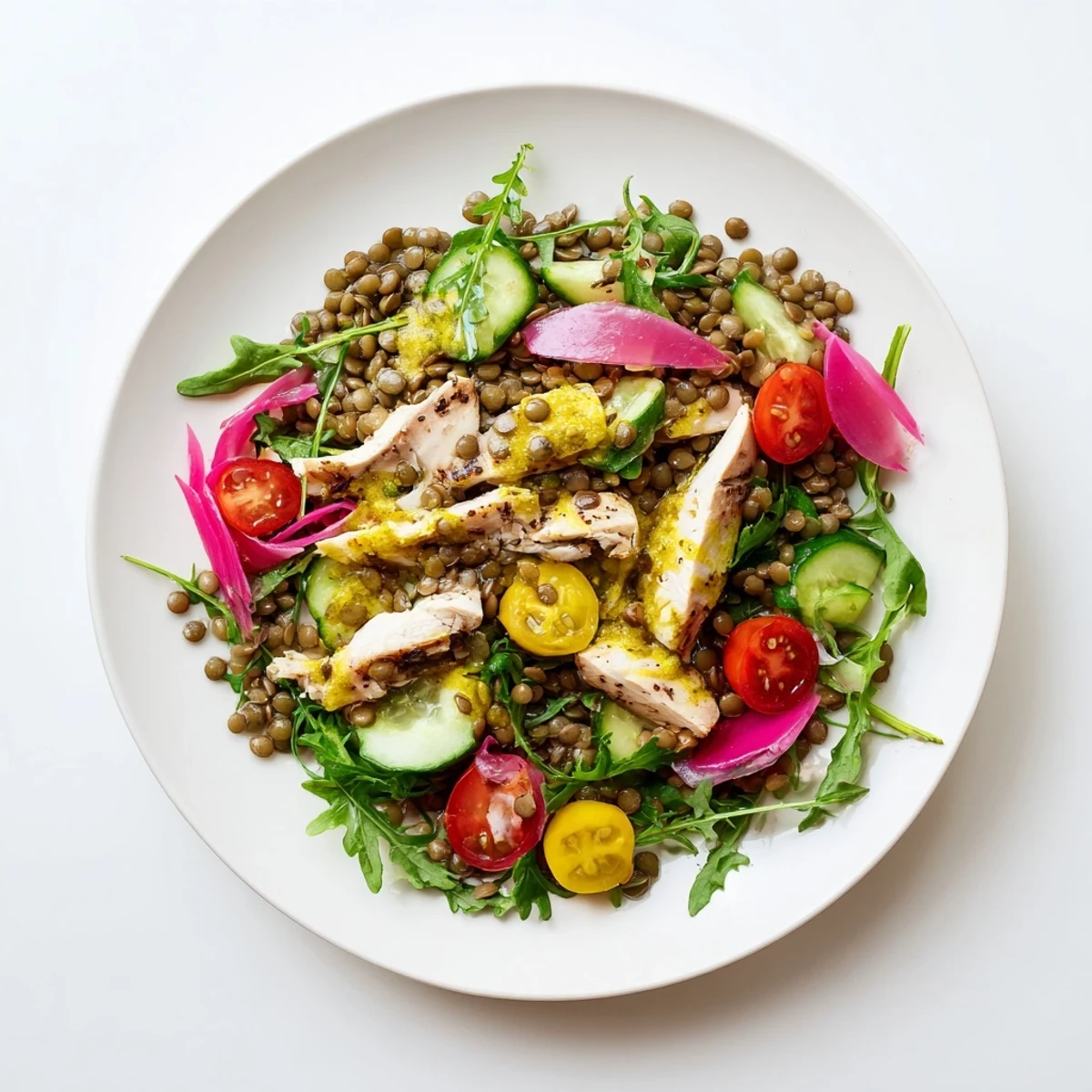 Freshly cooked green lentils mixed with juicy shredded roasted chicken and peppery arugula in a glass bowl.