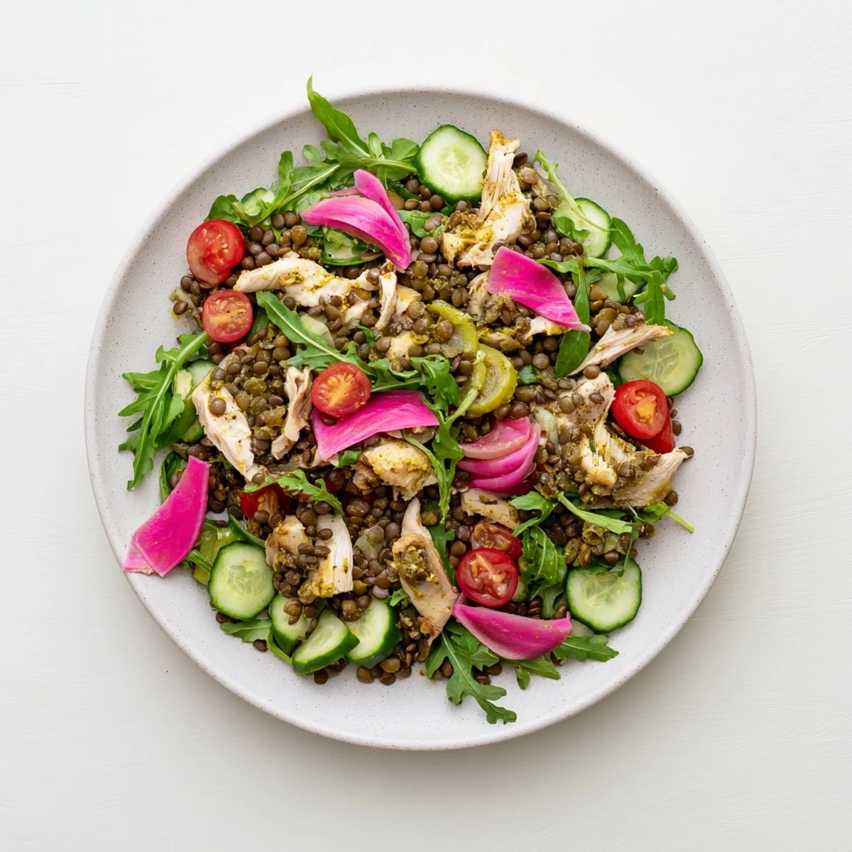 Lentil & Chicken Spring Salad topped with tangy pickled red onions and sliced cherry tomatoes, ready to eat.