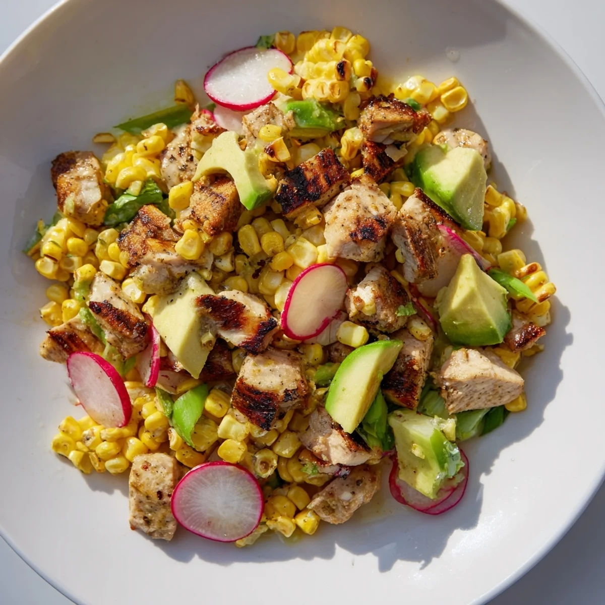 A close-up of Roasted Corn & Chicken Chopped Salad with grilled chicken, charred corn kernels, diced avocado, and sliced radishes on a bed of crisp romaine.