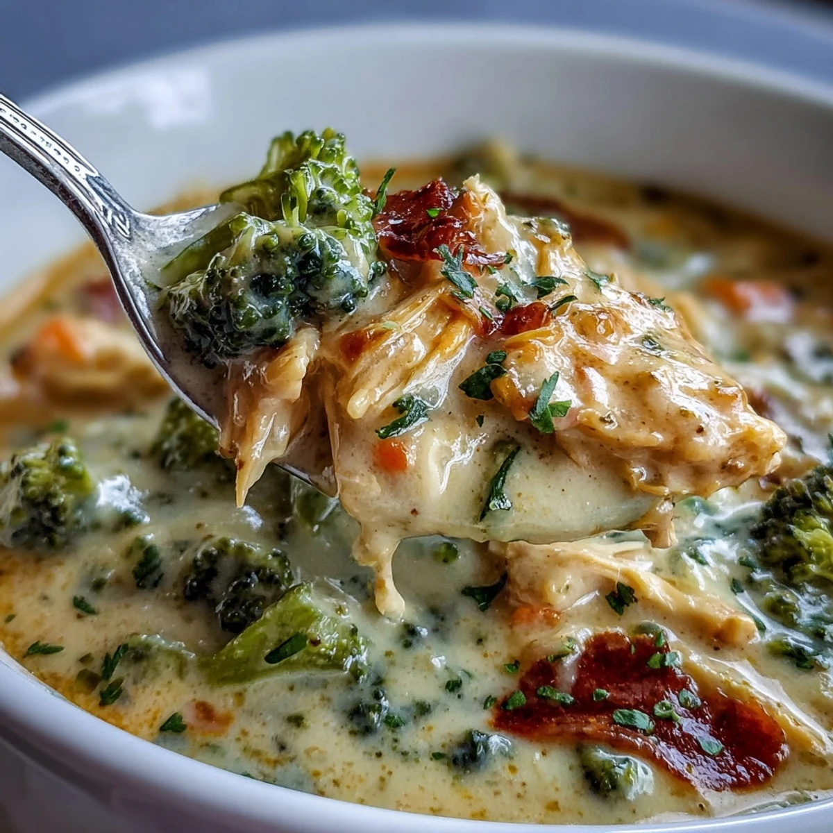 Wholesome Chicken Broccoli Cheddar Soup garnished with shredded cheese, ready to be served.