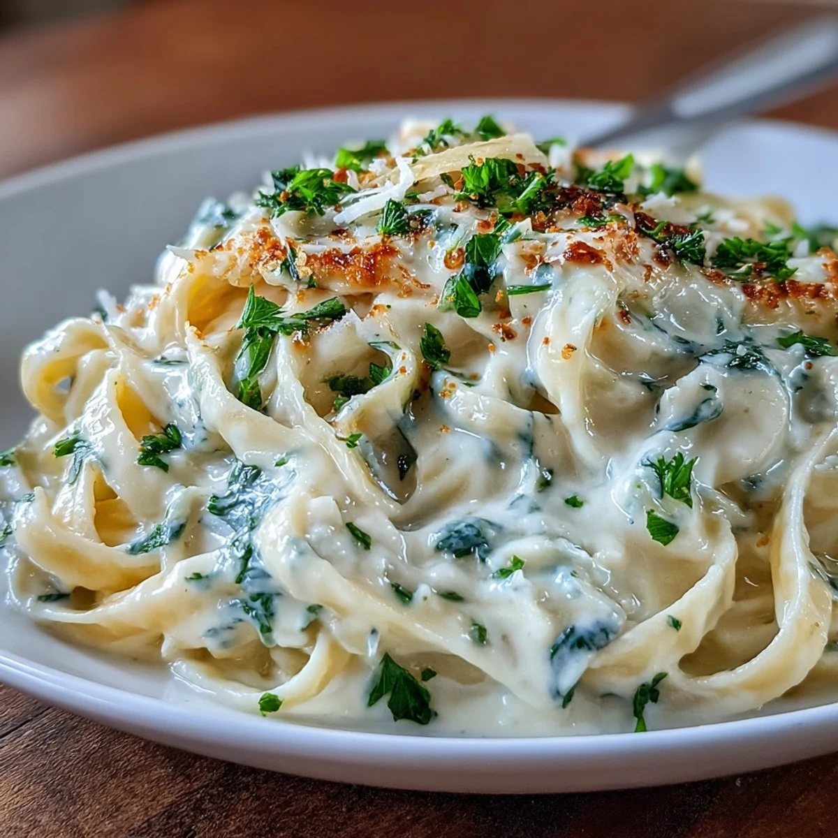 Easy Creamy Cauliflower Alfredo plated with fresh parsley and grated Parmesan.