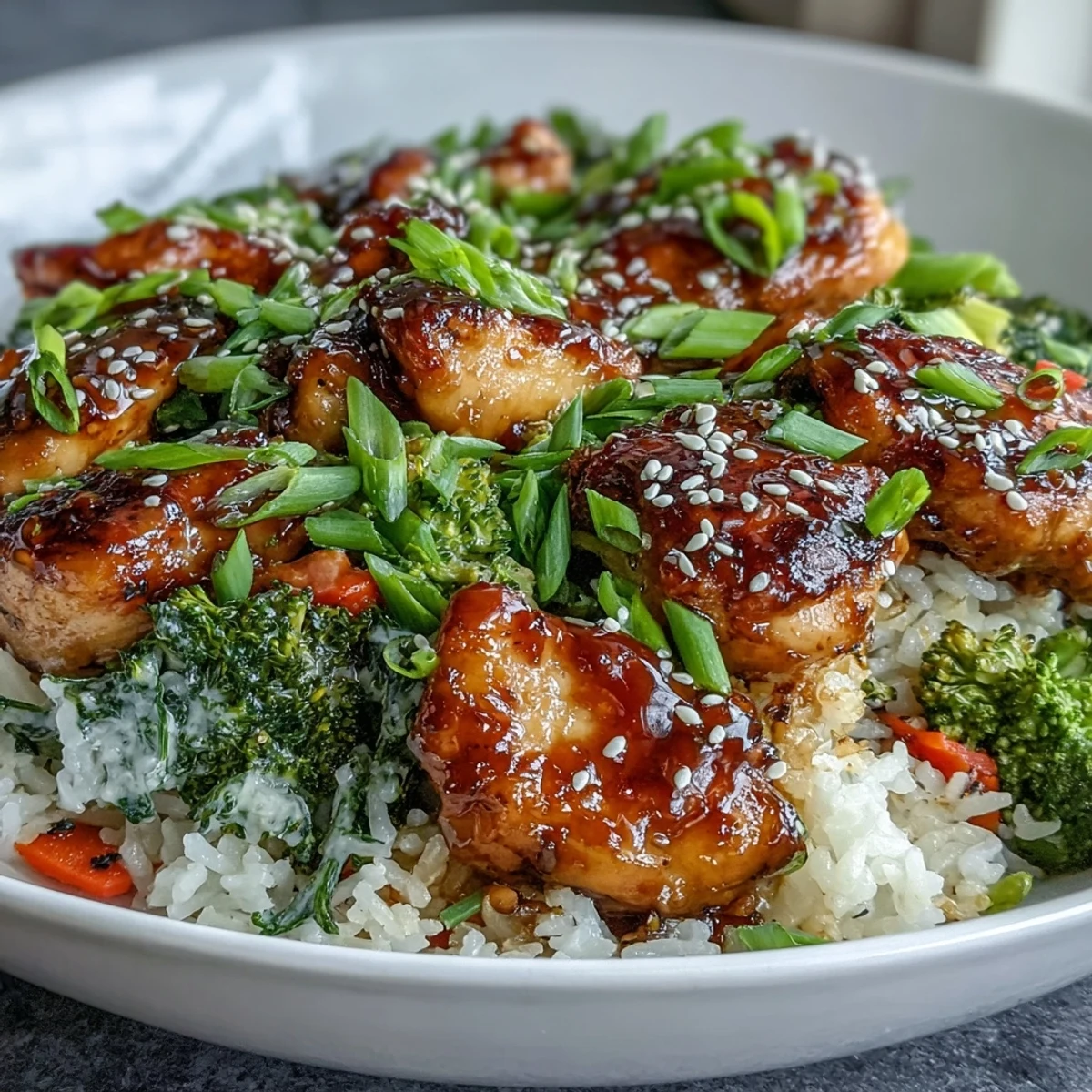 Golden chicken pieces, fluffy rice, and bright green broccoli florets glisten with a sweet honey garlic sauce in this one-pan dinner.