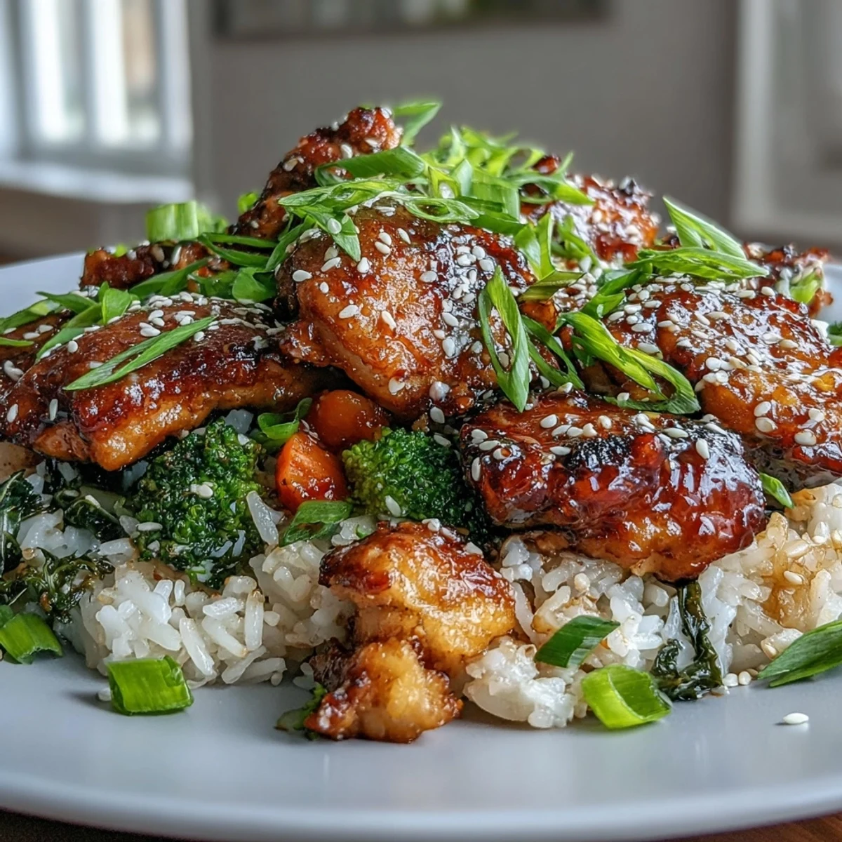 A close-up of tender chicken and crisp broccoli nestled in savory rice, topped with sesame seeds and fresh green onions.