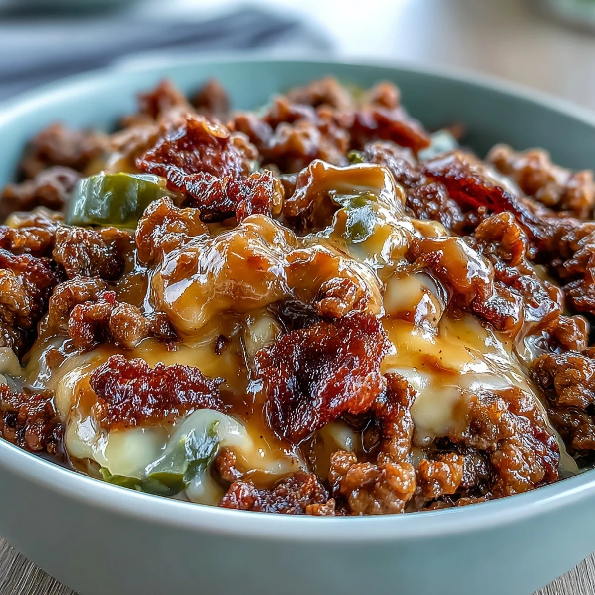 Freshly cooked ground beef topped with shredded cheddar, diced pickles, and cherry tomatoes in a bowl. The Easy Big Mac in a Bowl is drizzled with a creamy, pink special sauce, served on a rustic wooden table.