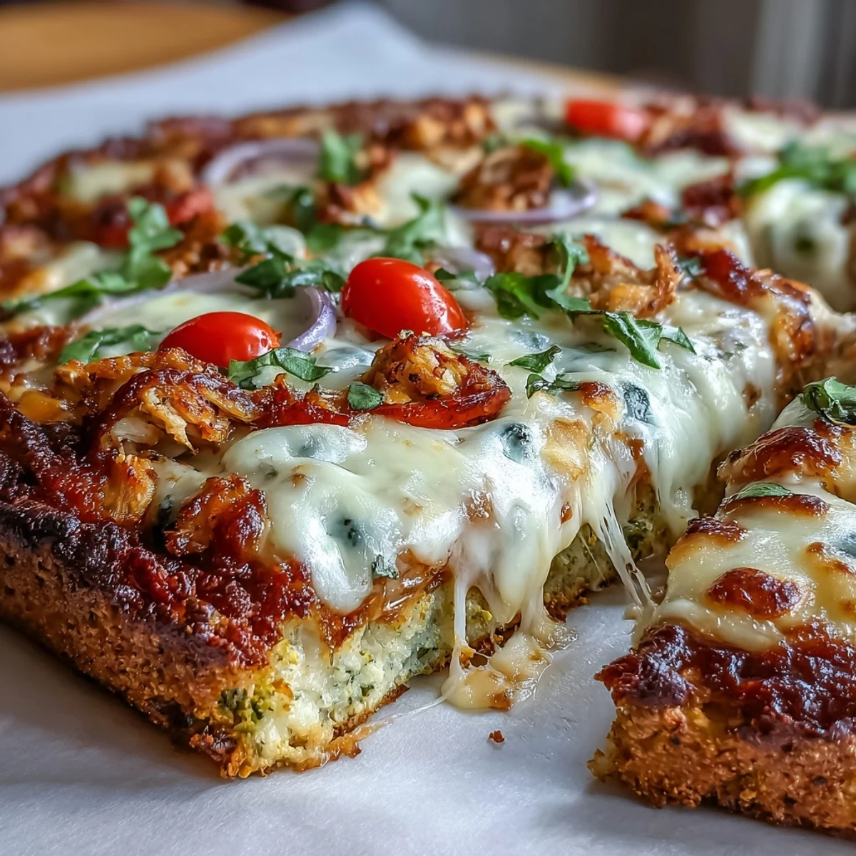 A close-up of broccoli chicken crust pizza topped with melted mozzarella, red onion, bell peppers, cherry tomatoes, and fresh spinach leaves.  